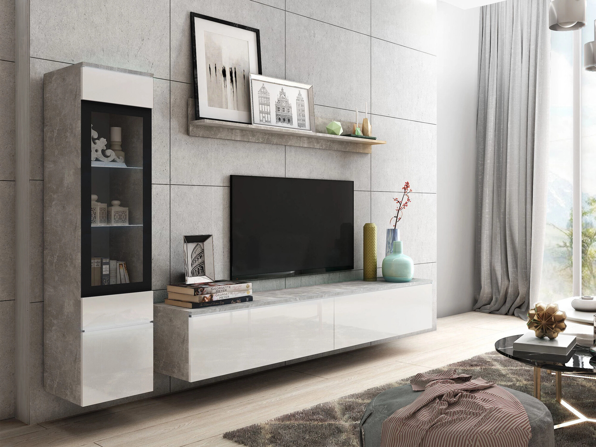 Set de living Mirfivo 100 (Beton + Alb lucios)