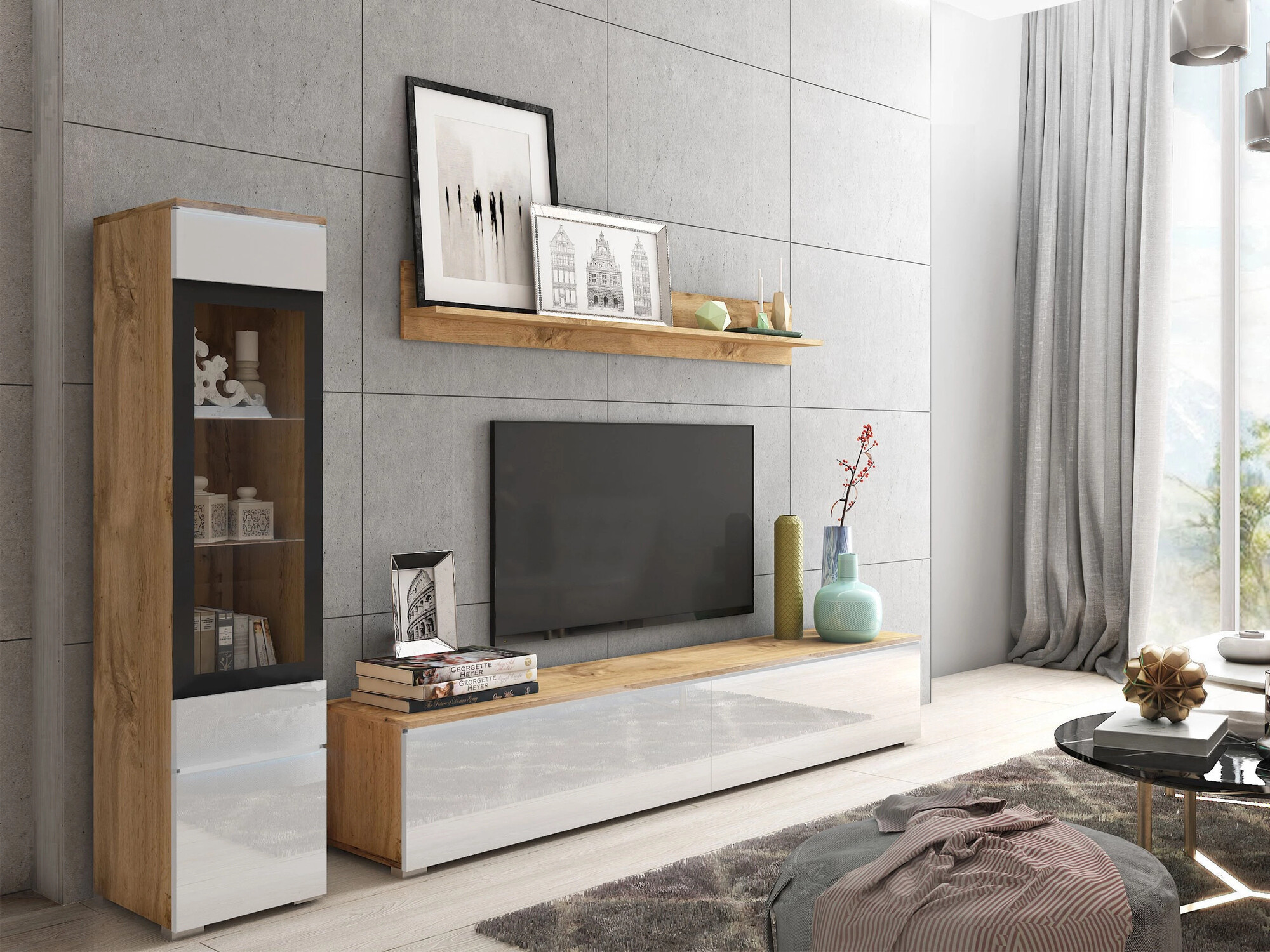 Set de living Mirfivo 100 (Stejar Wotan + Alb lucios)