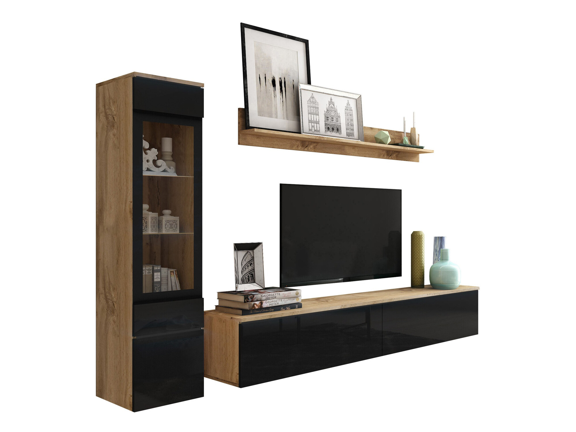 Set de living Mirfivo 100 (Stejar Wotan + Negru lucios)