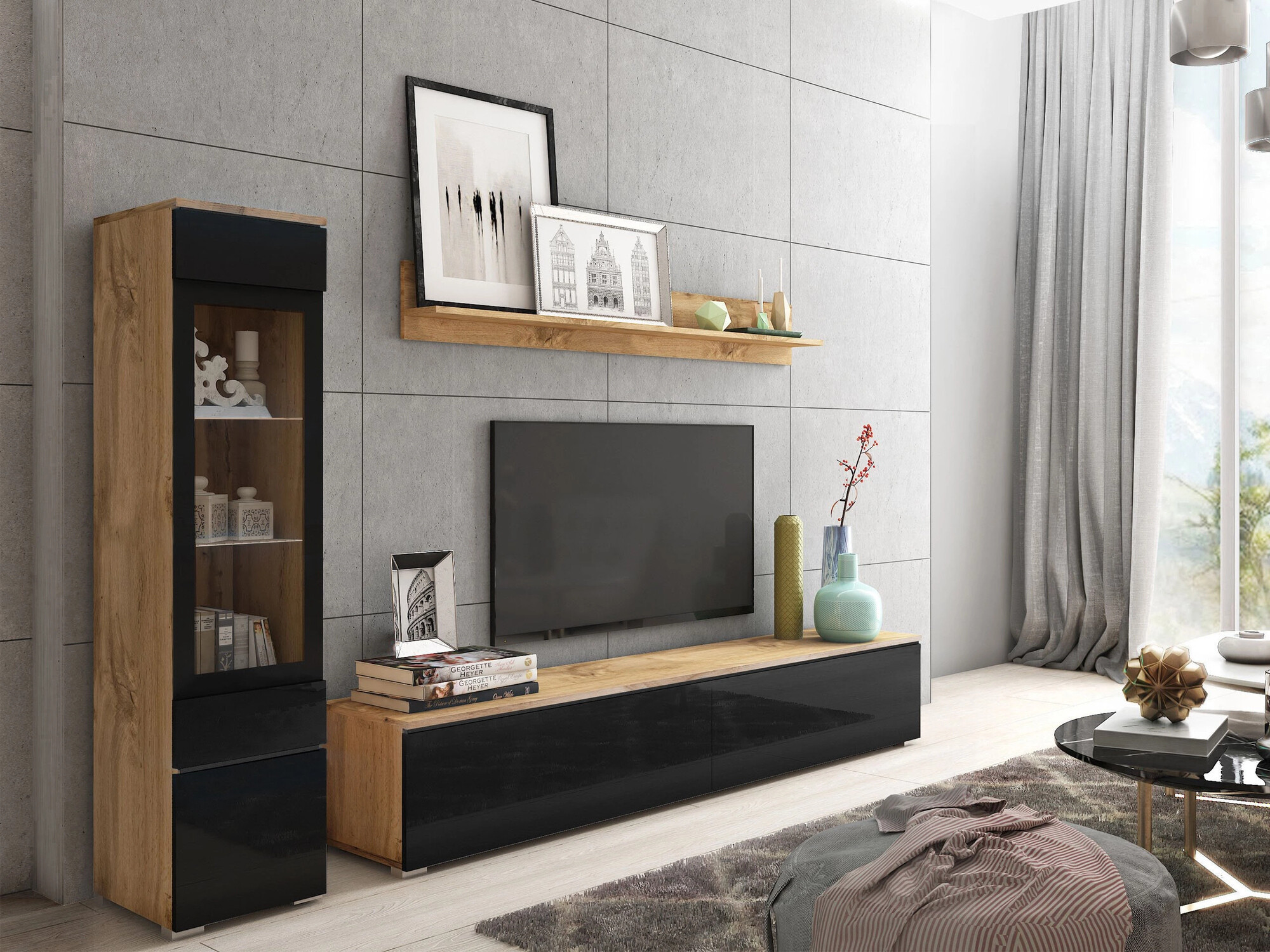 Set de living Mirfivo 100 (Stejar Wotan + Negru lucios)