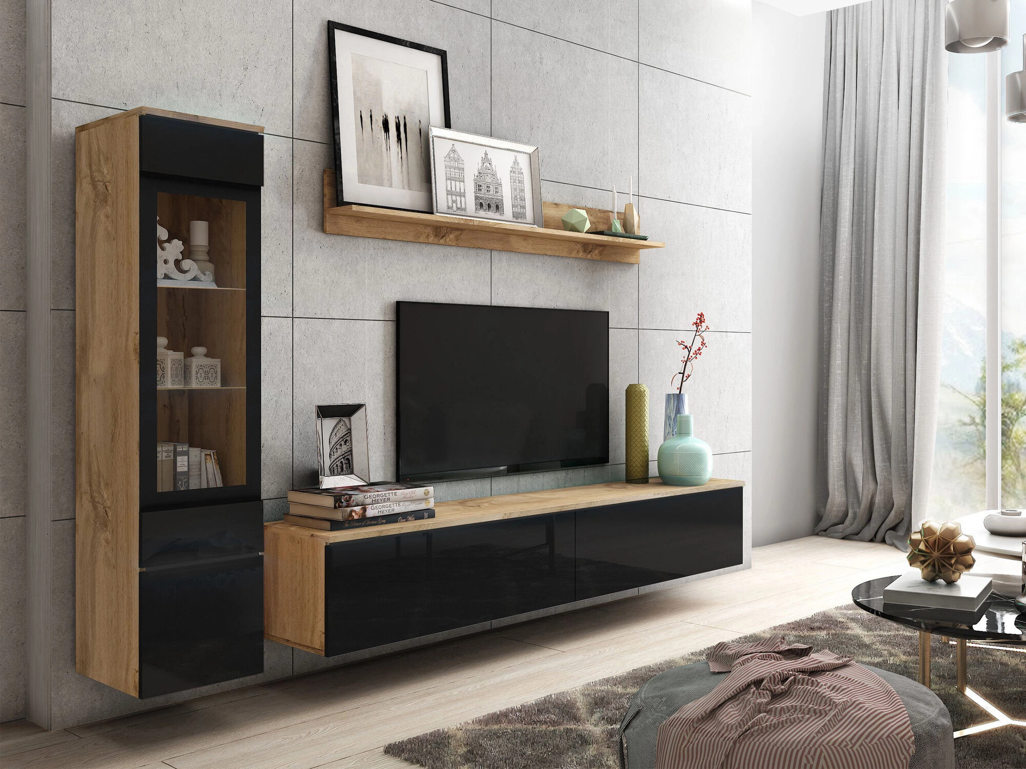 Set de living Mirfivo 100 (Stejar Wotan + Negru lucios)
