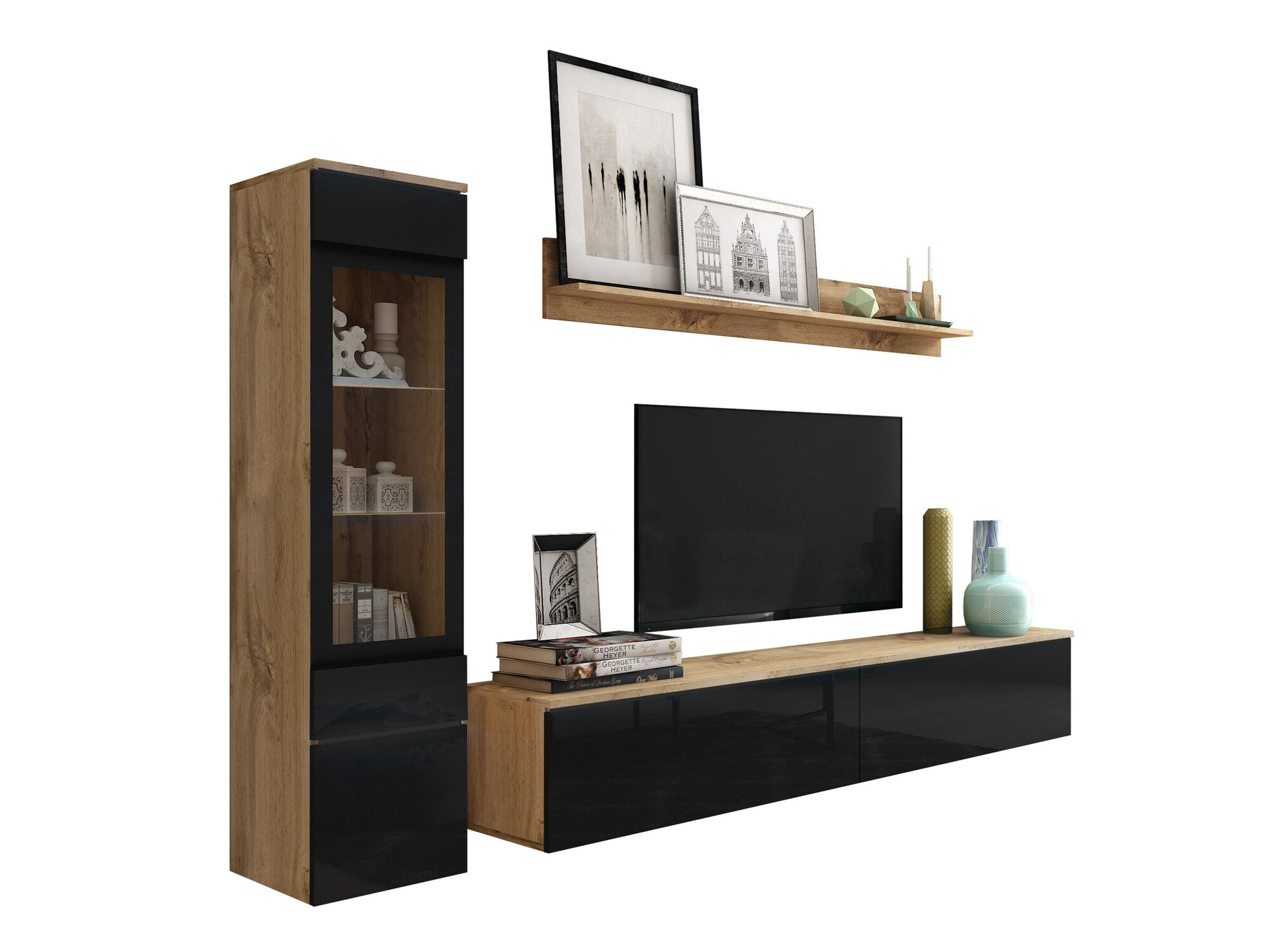 Set de living Mirfivo 100 (Stejar Wotan + Negru lucios)