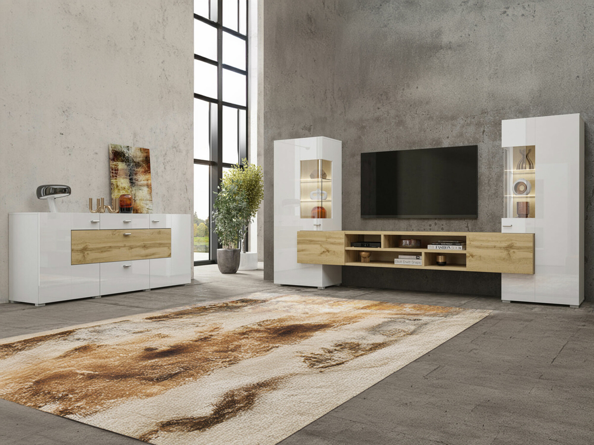 Set de living Mondalo 105 (Stejar Wotan + Alb lucios)