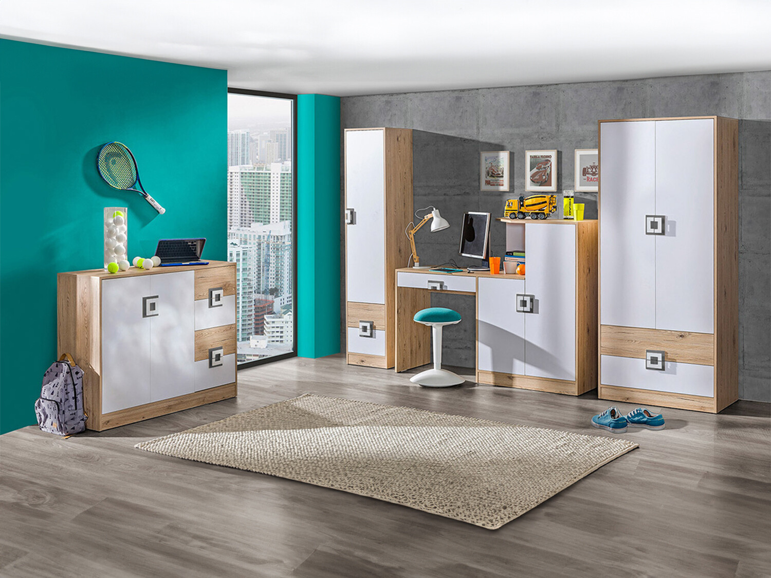 Set pentru camera copiilor Balvire 114 (Stejar deschis + Alb + Gri)