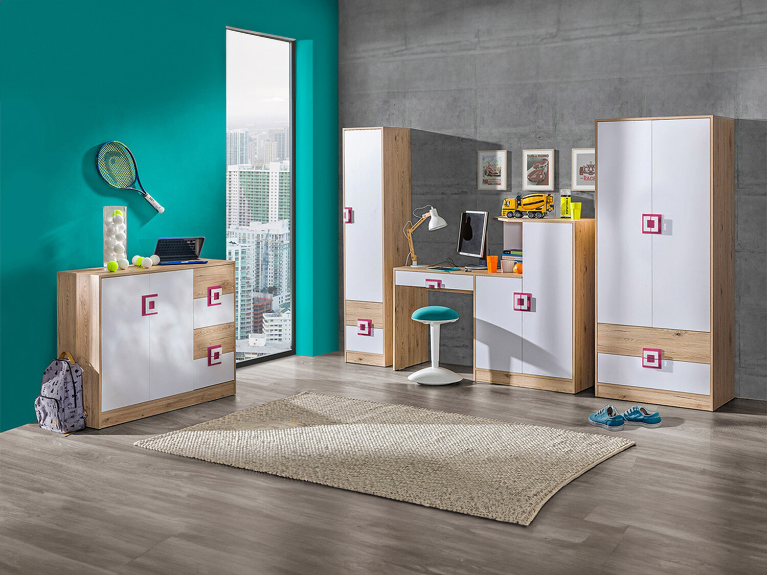 Set pentru camera copiilor Balvire 114 (Stejar deschis + Alb + Roze)