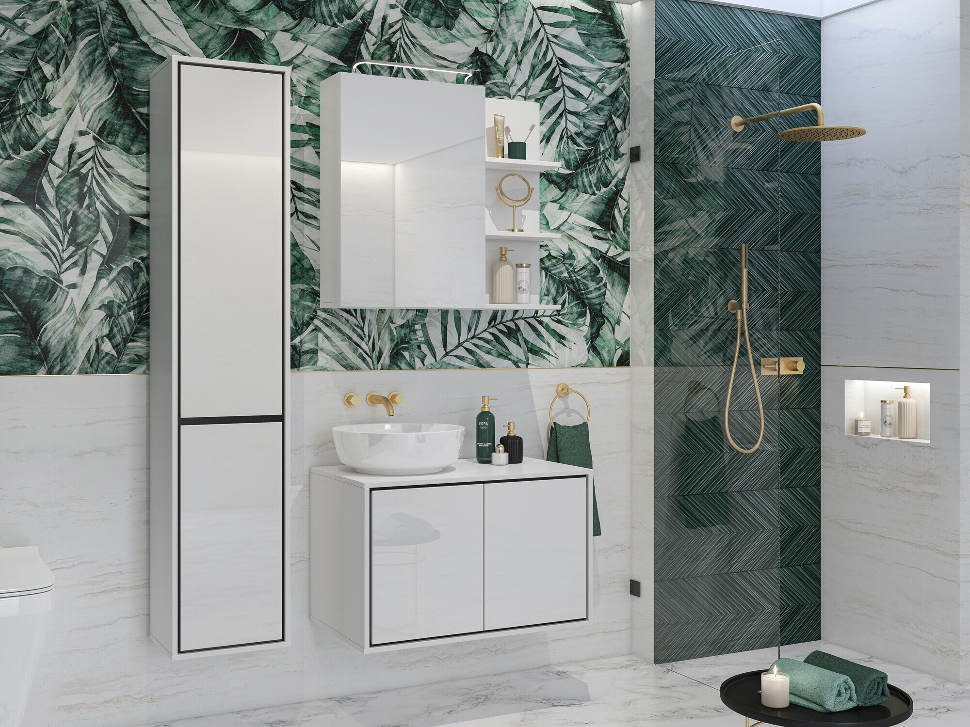 Dulap de baie cu oglindă Tecavu 102 (Alb lucios + Alb)