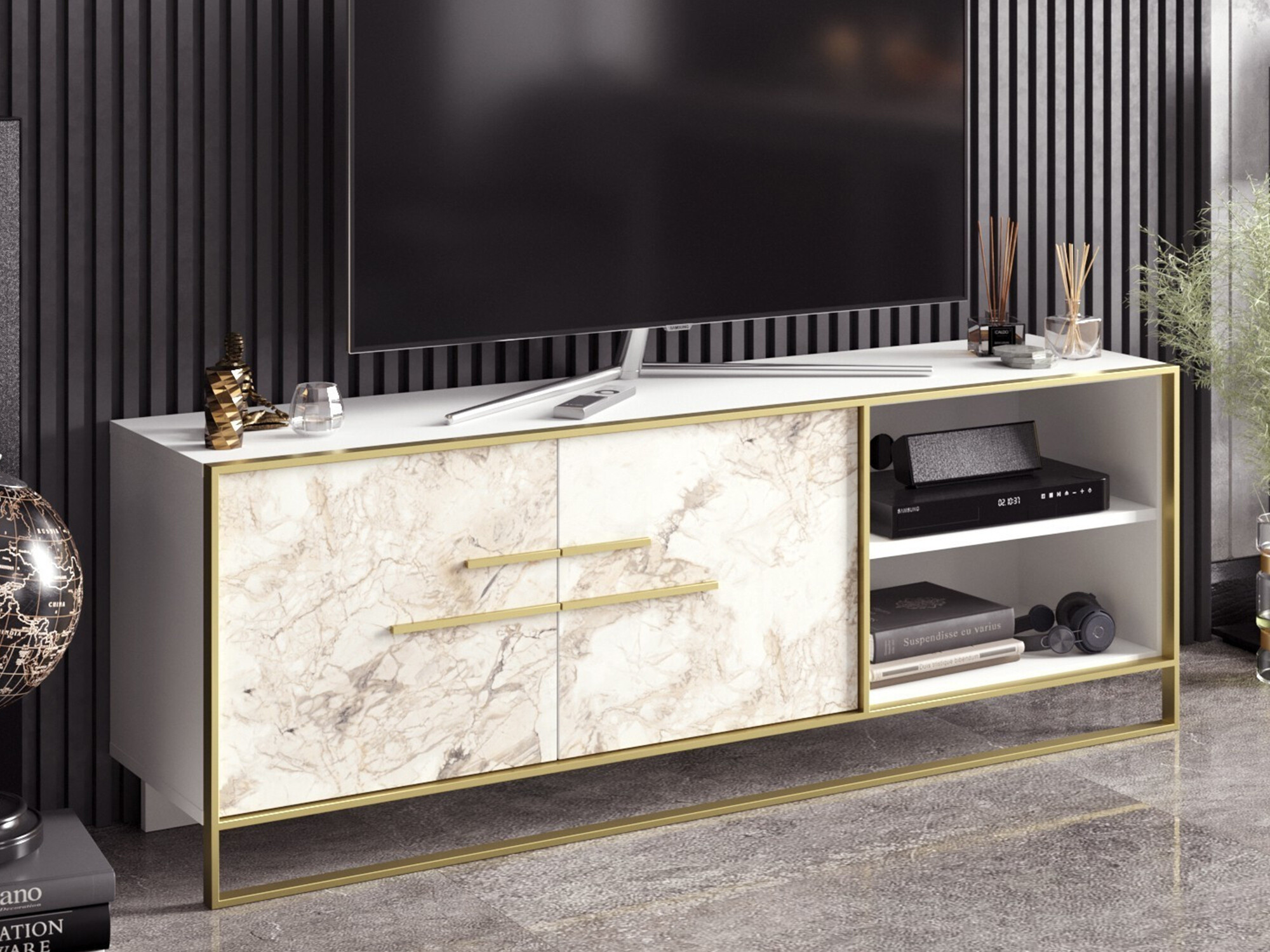 Comodă TV Kailua 1169 (Auriu + Marmură albă)