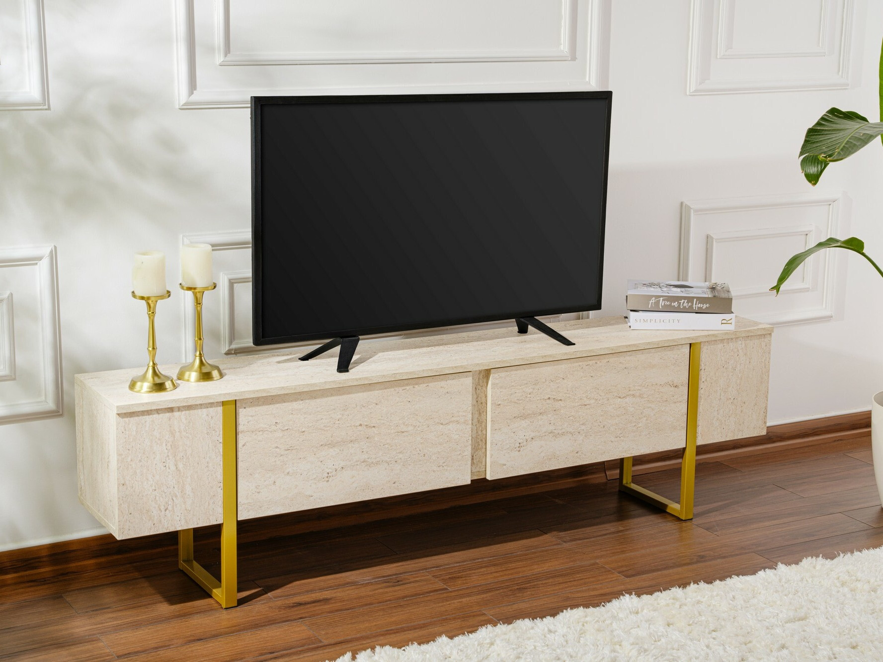 Comodă TV Novato 105 (Deschis Travertine + Auriu)