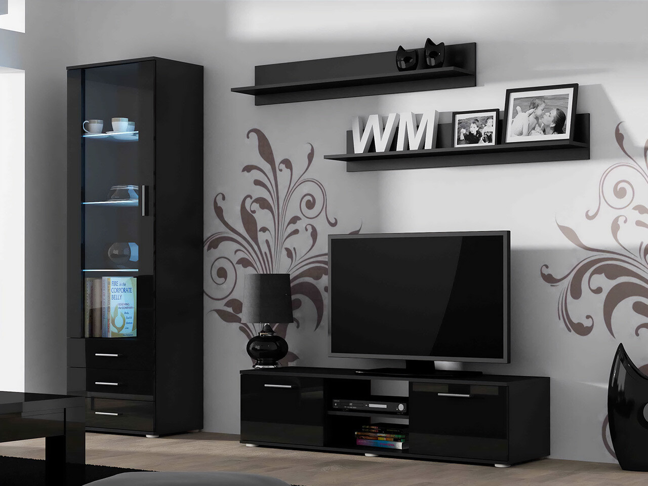 Set de living Tornola 110 (Negru + Negru lucios)