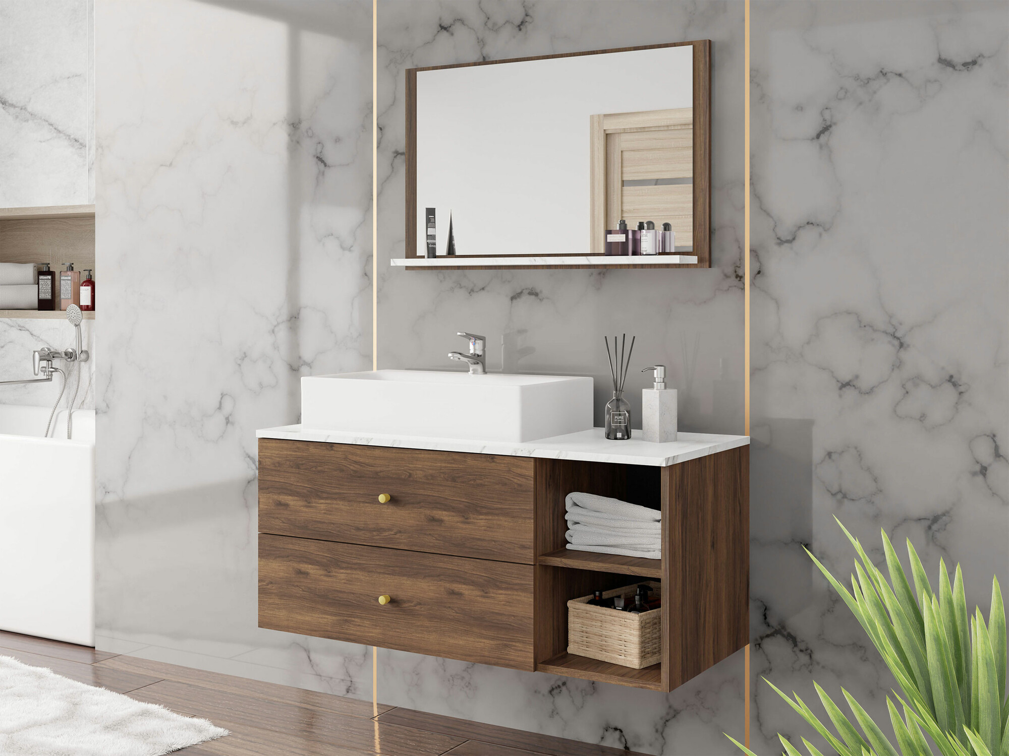 Set baie Salus I (Nuc + Marmură albă)