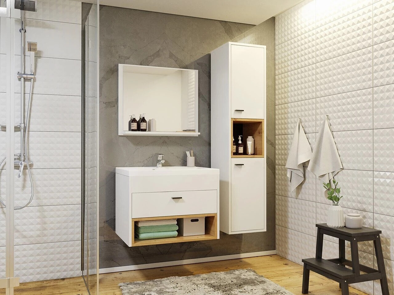 Cabinet atârnat pentru baie Velum (Alb + Stejar artizan)