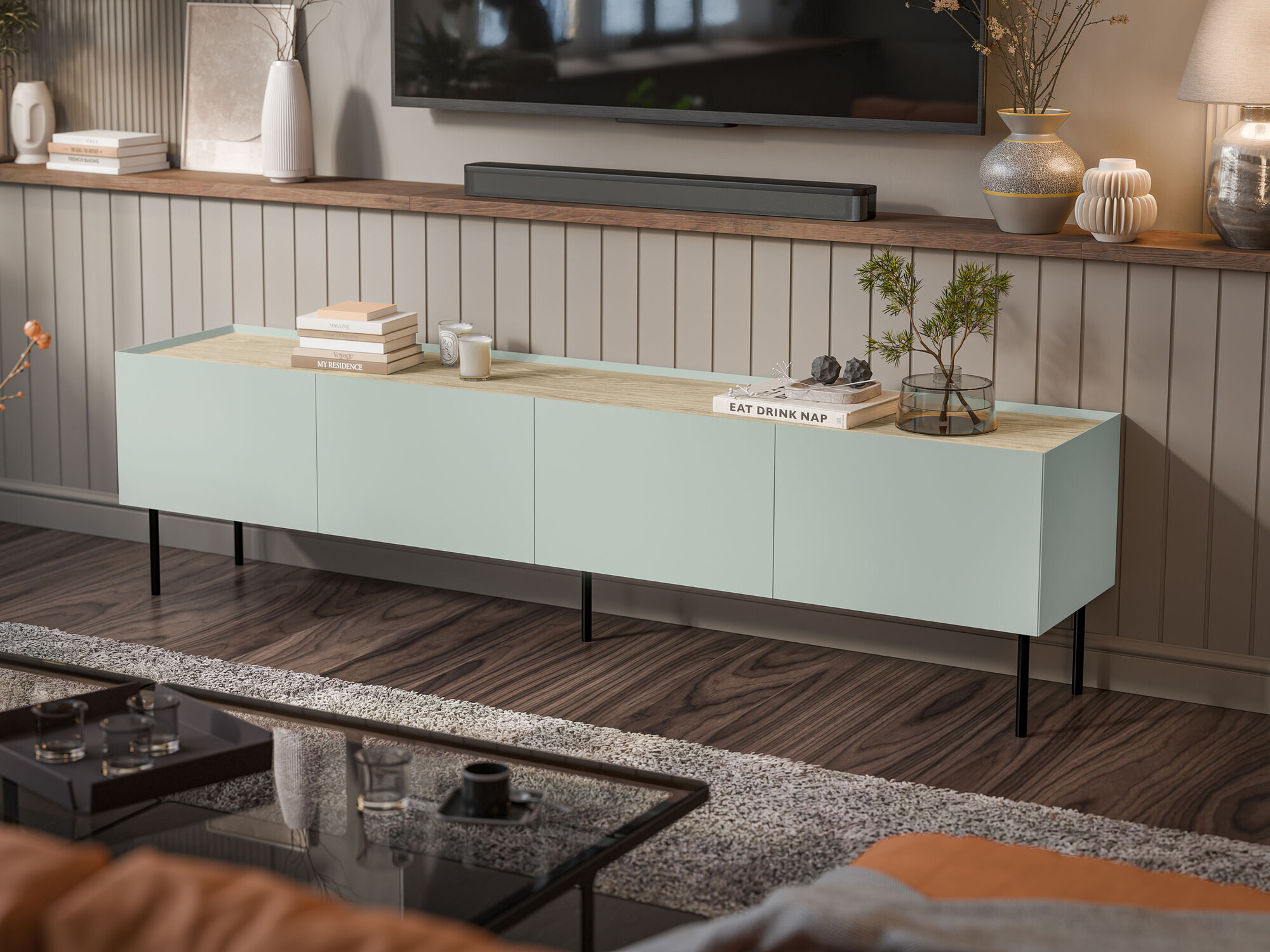 Comodă TV Melbela 107 (Măslin deschis + Stejar)