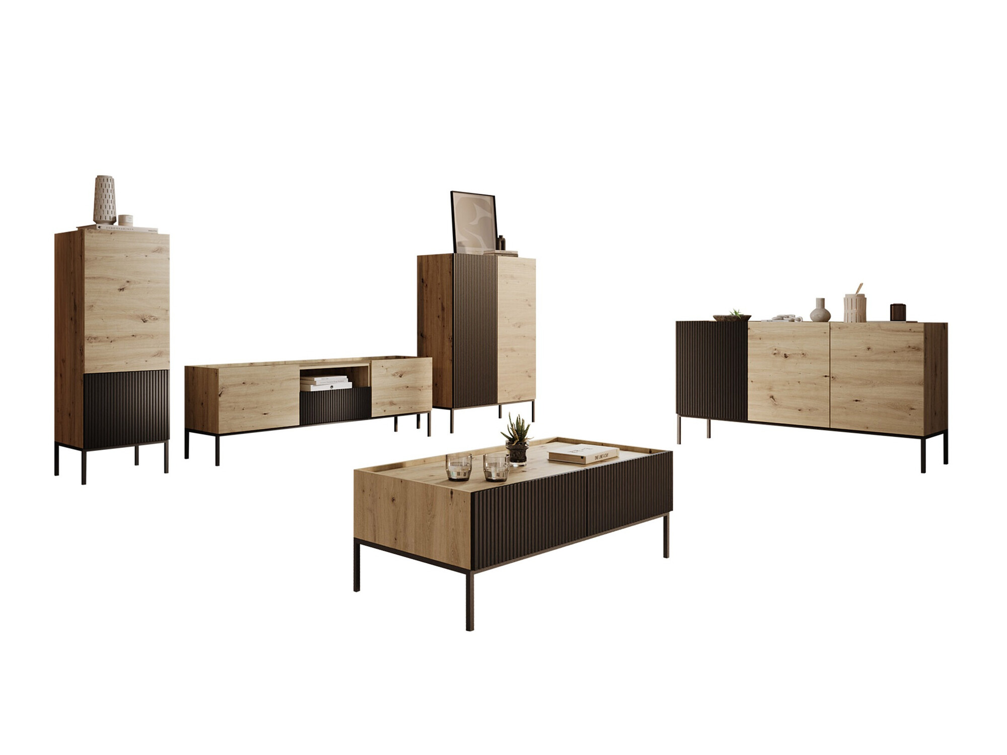 Set de living Lunole 110 (Stejar artizan + Negru)