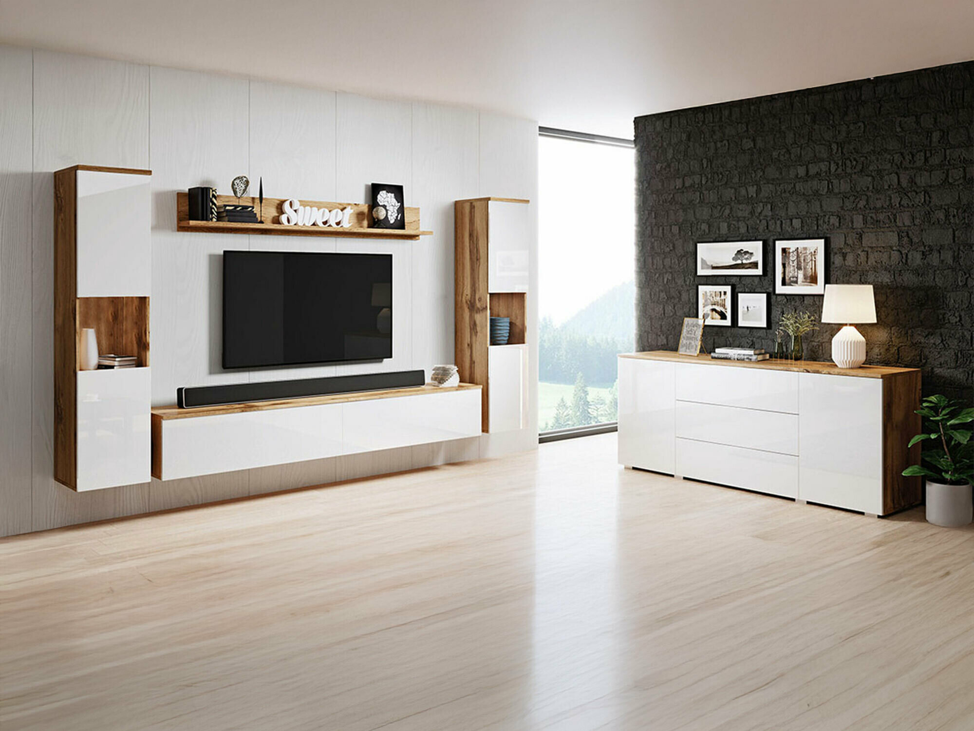 Set de living Sarasota 133 (Stejar Wotan + Alb lucios)