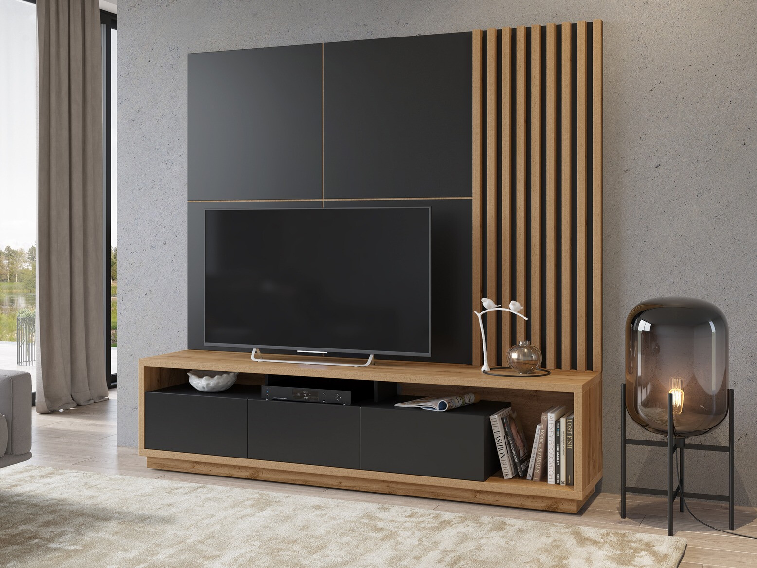 Set de living Austin 360 (Stejar Wotan + Negru + Negru mat)