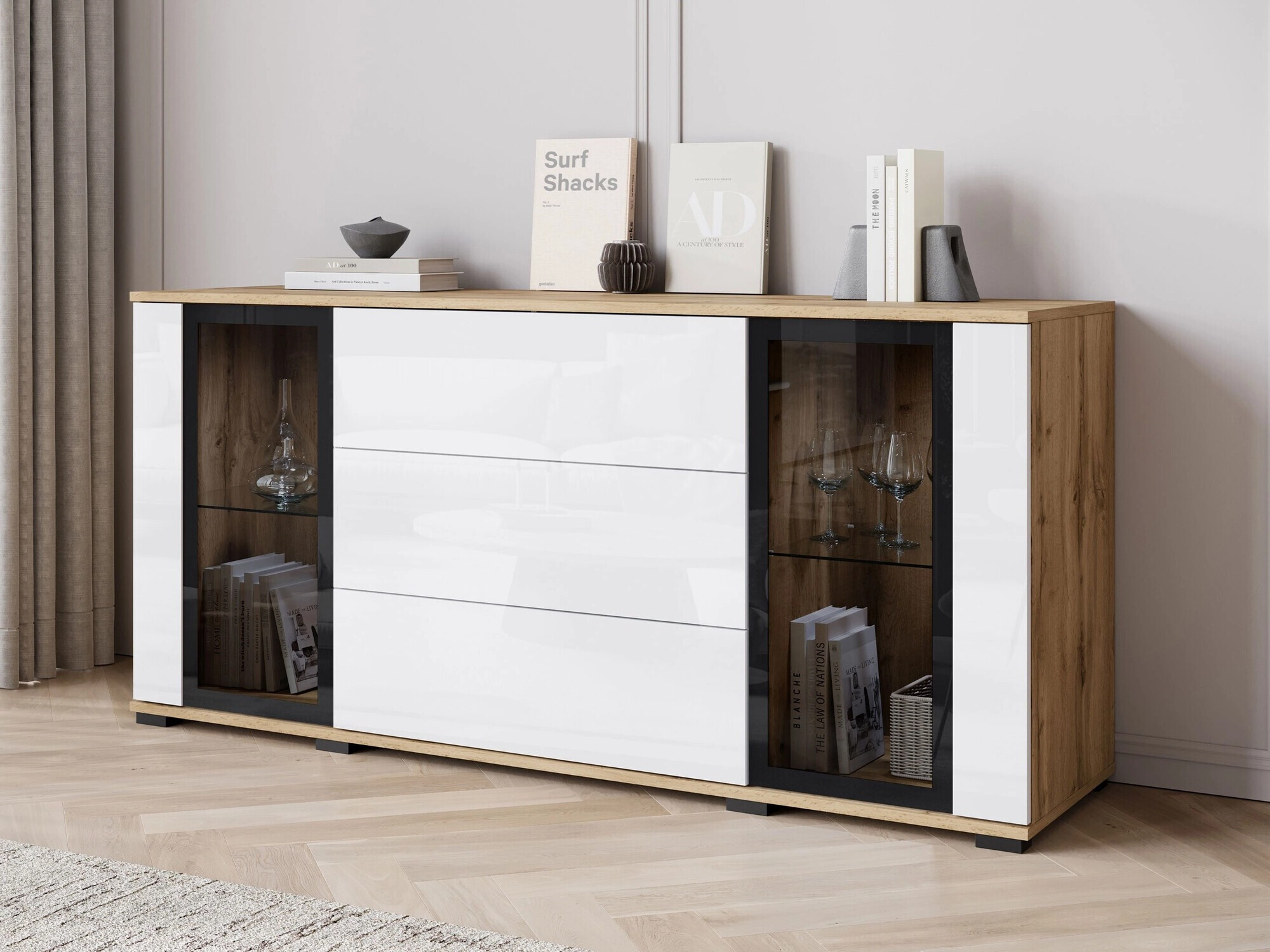 Comodă Torcame 101 (Stejar Wotan + Alb lucios)