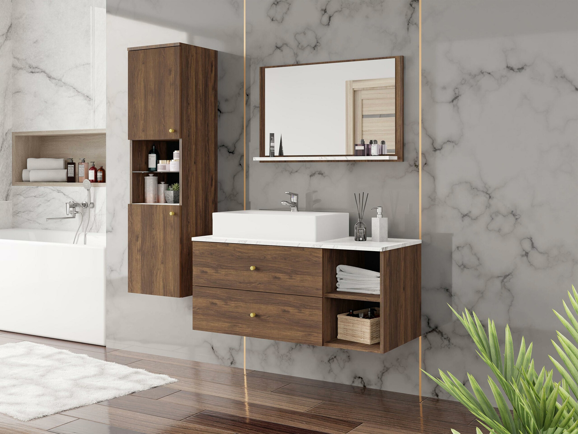 Set baie Salus II (Nuc + Marmură albă)