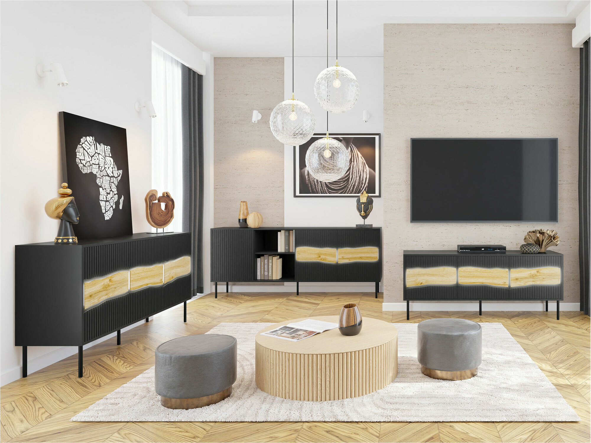 Set de living Monevare 105 (Negru + Stejar Wotan)