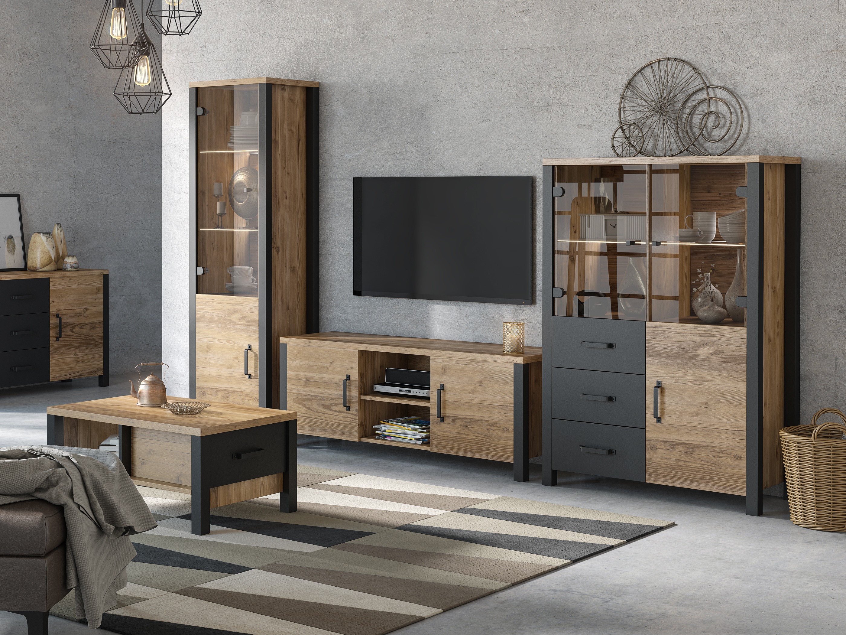 Set de living Tornua 113 (Molid închis + Negru mat)