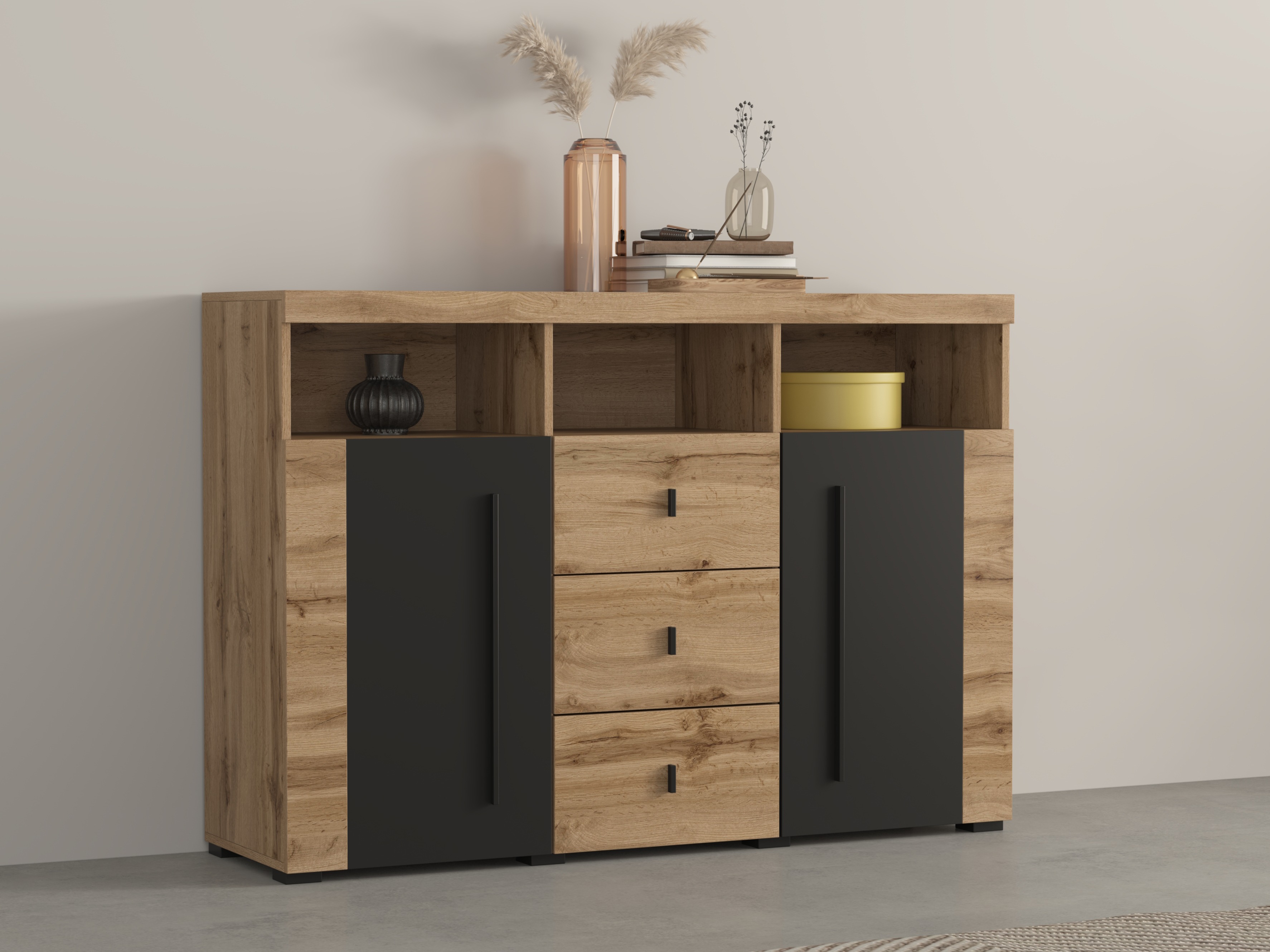 Comodă Sorciro 101 (Negru + Stejar Wotan)