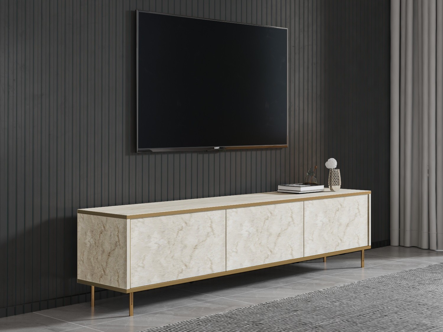 Comodă TV Kailua 2573 (Deschis Travertine + Auriu)