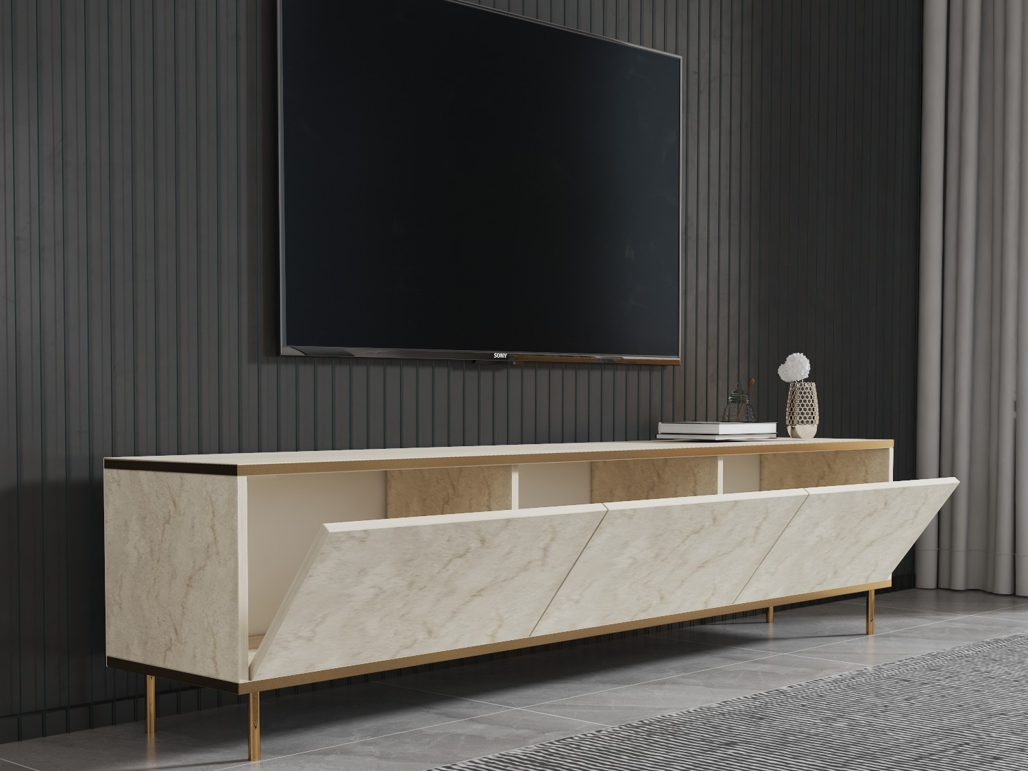 Comodă TV Kailua 2573 (Deschis Travertine + Auriu)