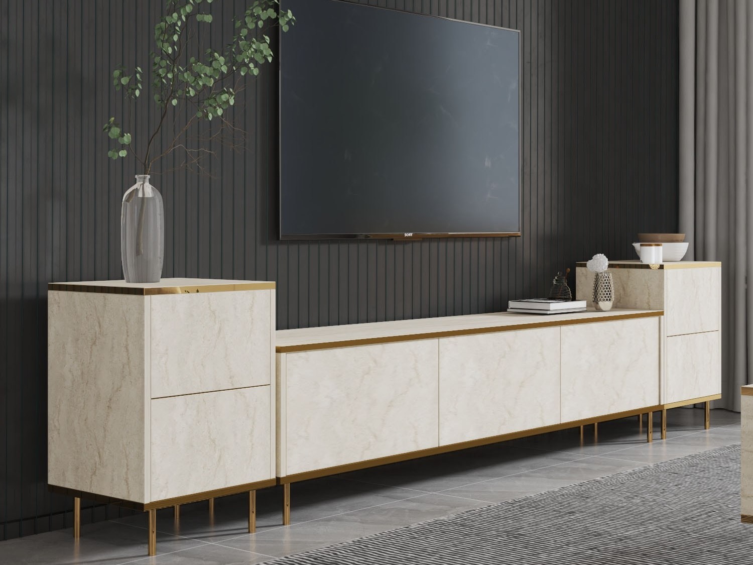 Comodă TV Kailua 2574 (Deschis Travertine + Auriu)