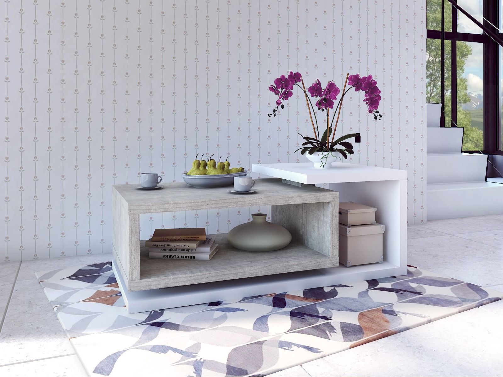 Măsuță de cafea Lutiva 104 (Alb + Beton)