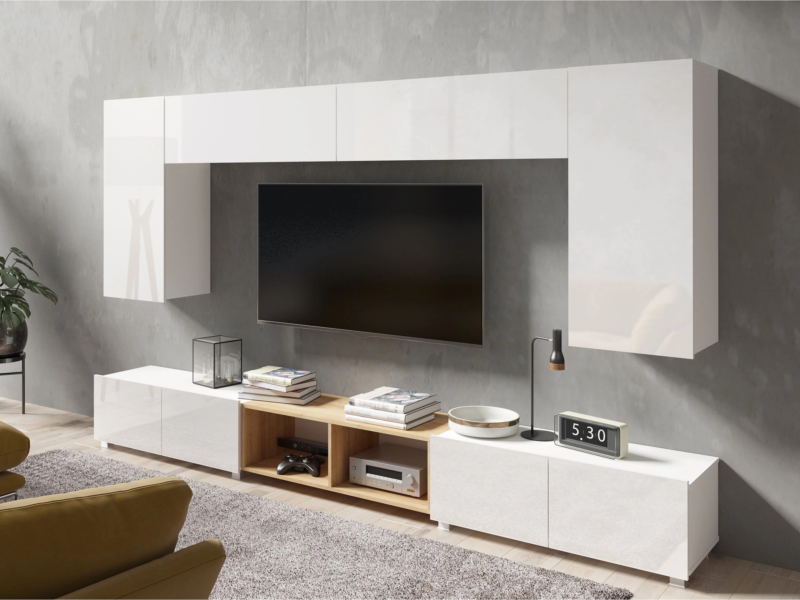 Set de living Remus XXIII (Alb + Alb lucios + Stejar auriu)