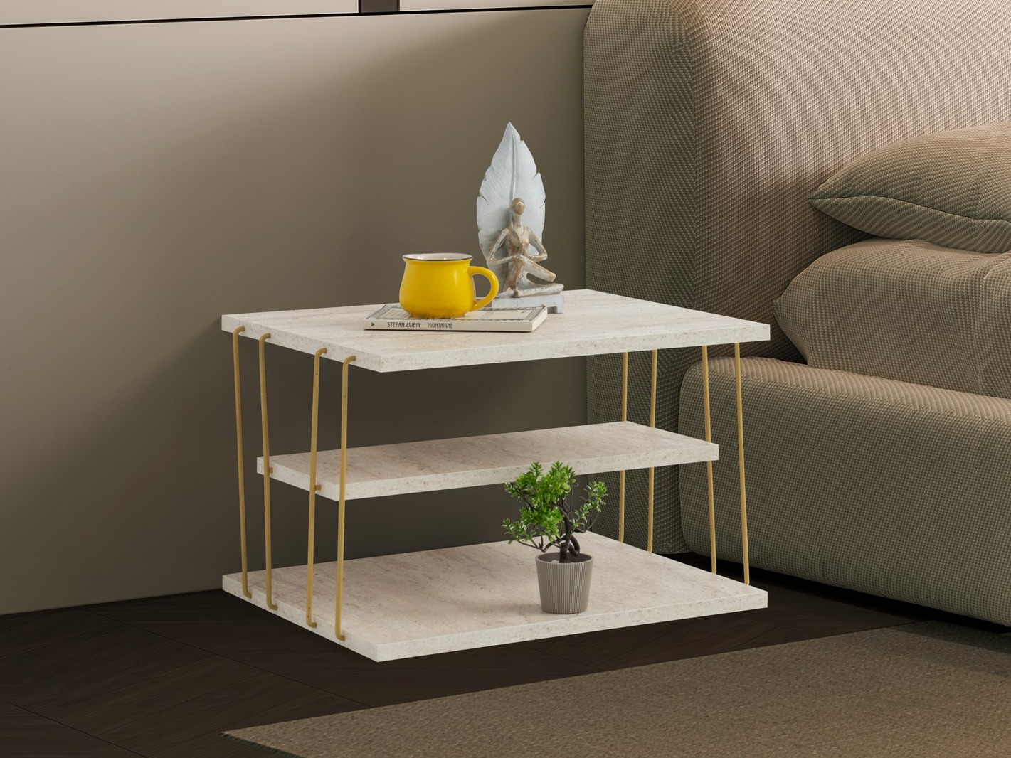 Măsuță laterală Kailua 381 (Travertin ușor + Auriu)