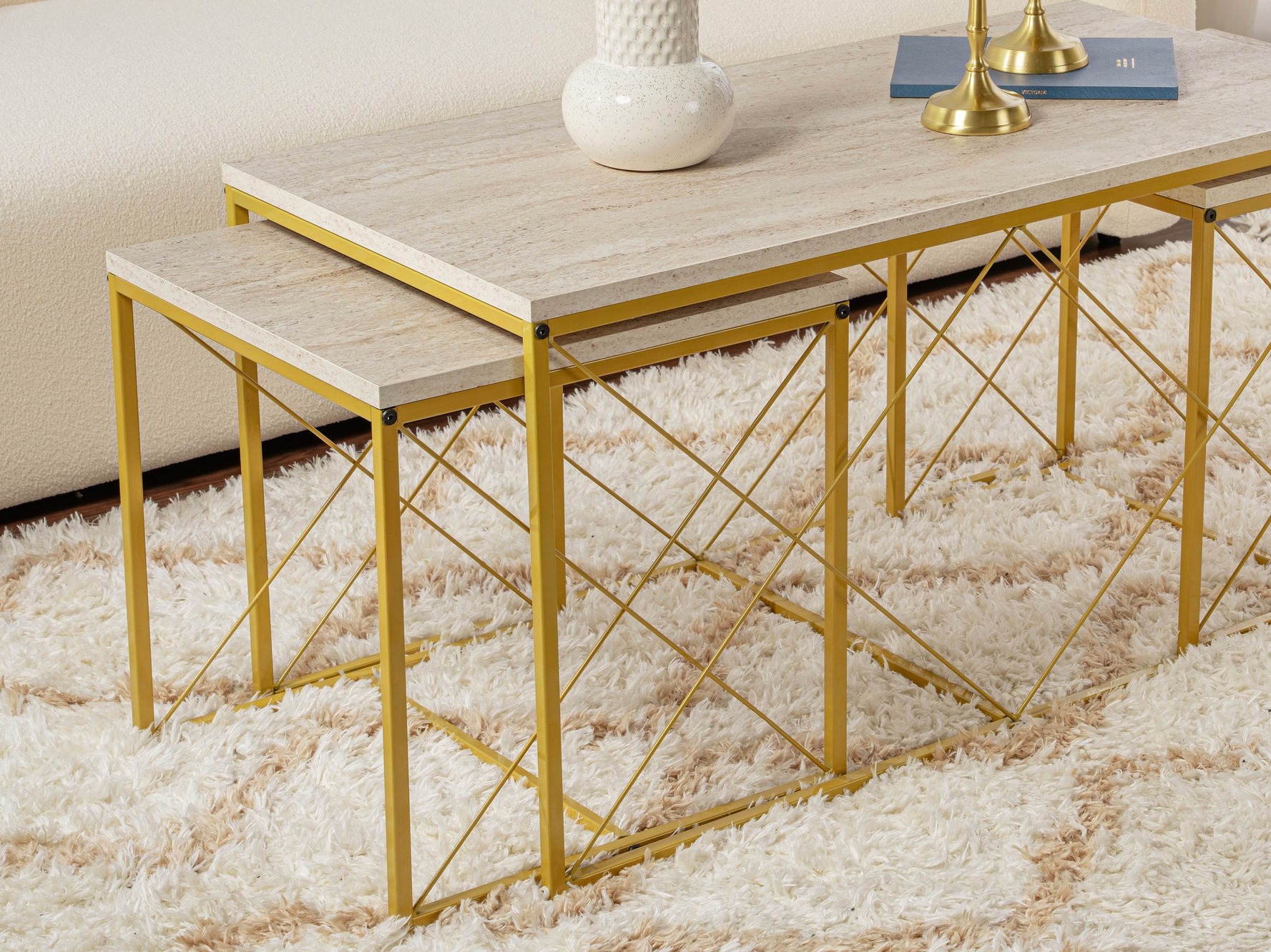 Set de măsuțe de cafea Kailua 2619 (Travertin ușor + Auriu)