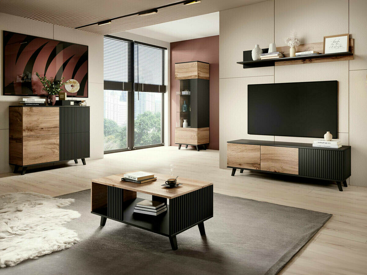 Set de living Luelia 108 (Negru + Stejar Wotan)