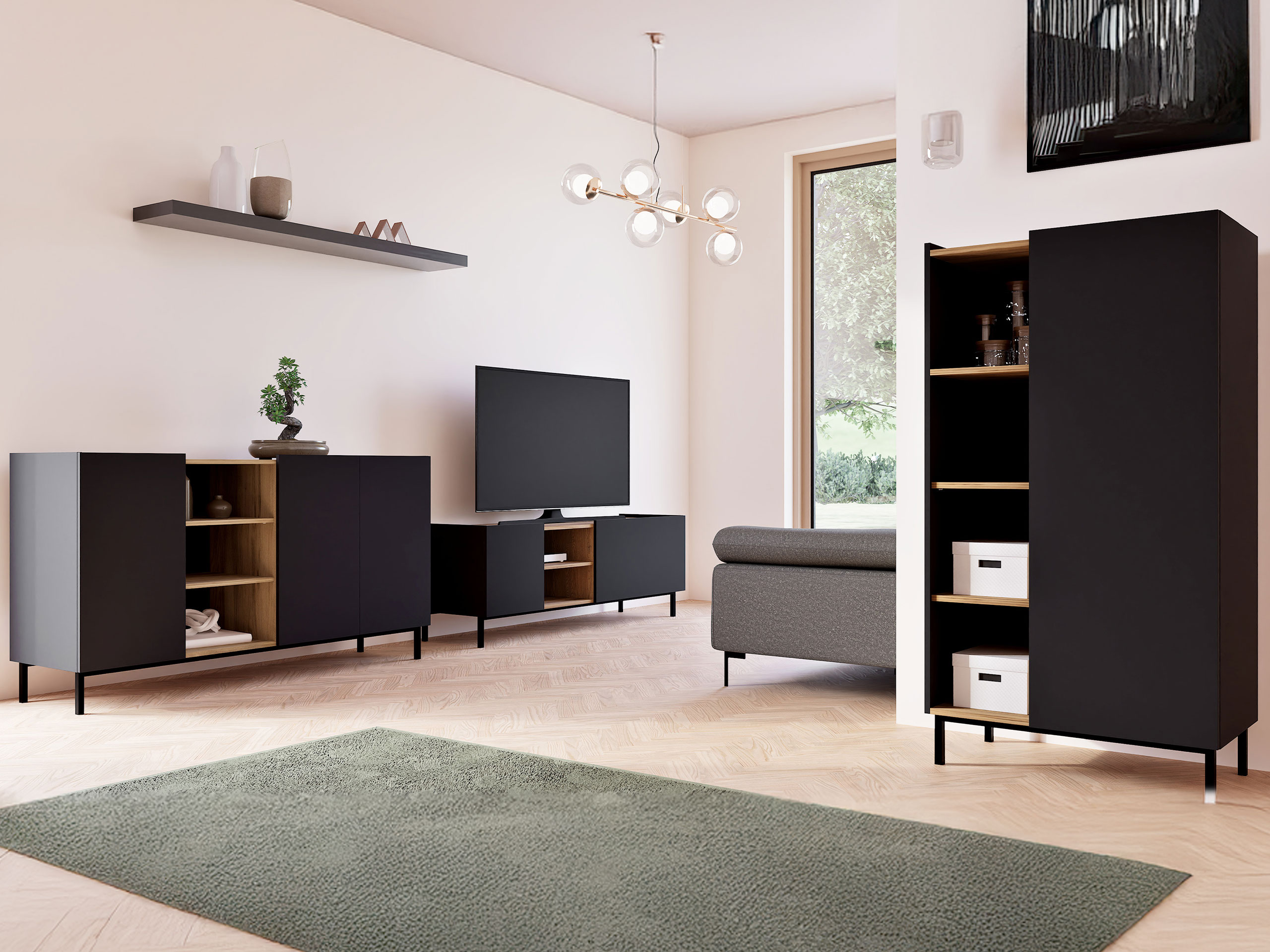 Set de living Veldome 103 (Negru + Maro deschis)