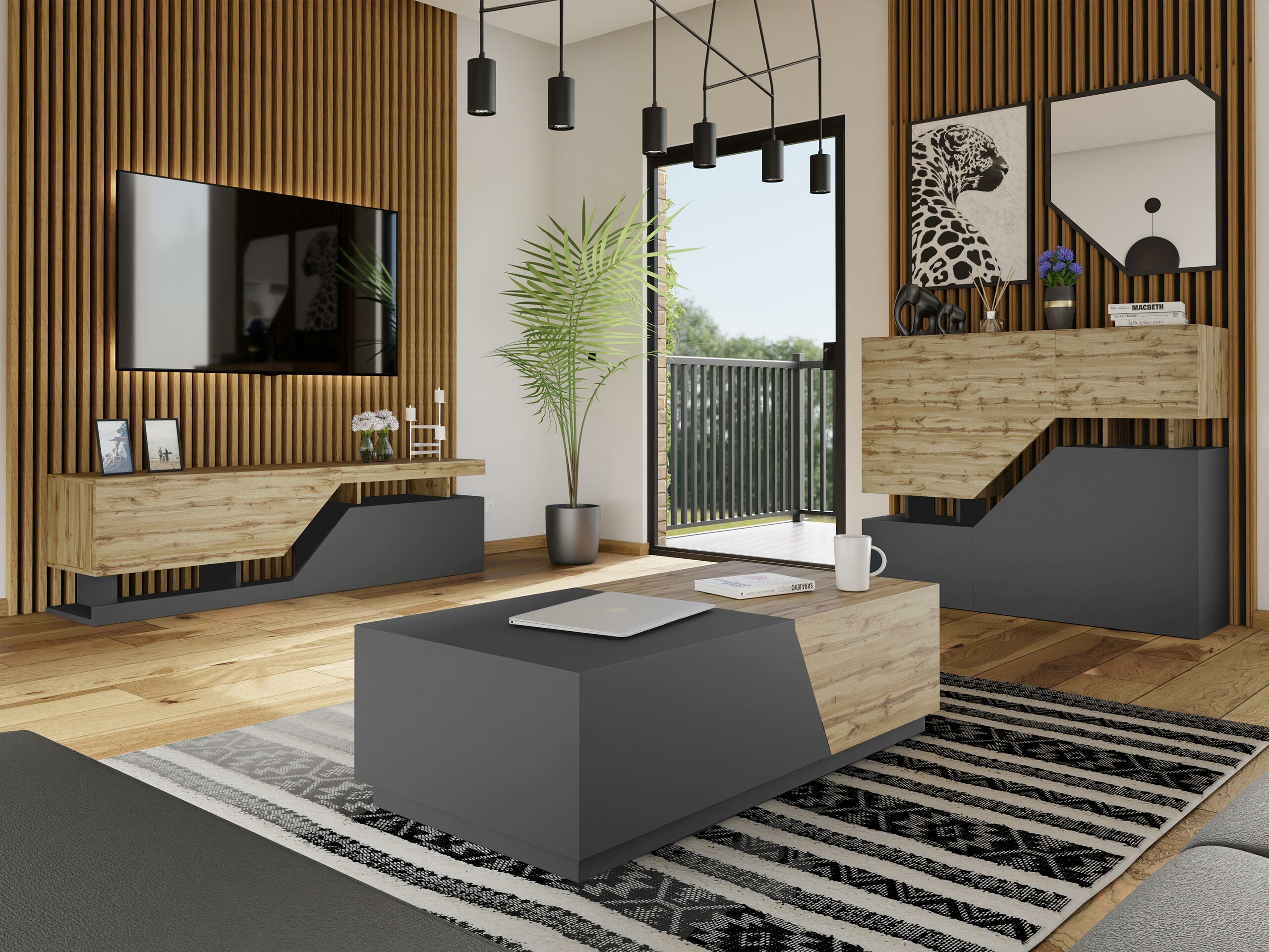 Set de living Comfivo Daldune I (Stejar Wotan + Antracit)