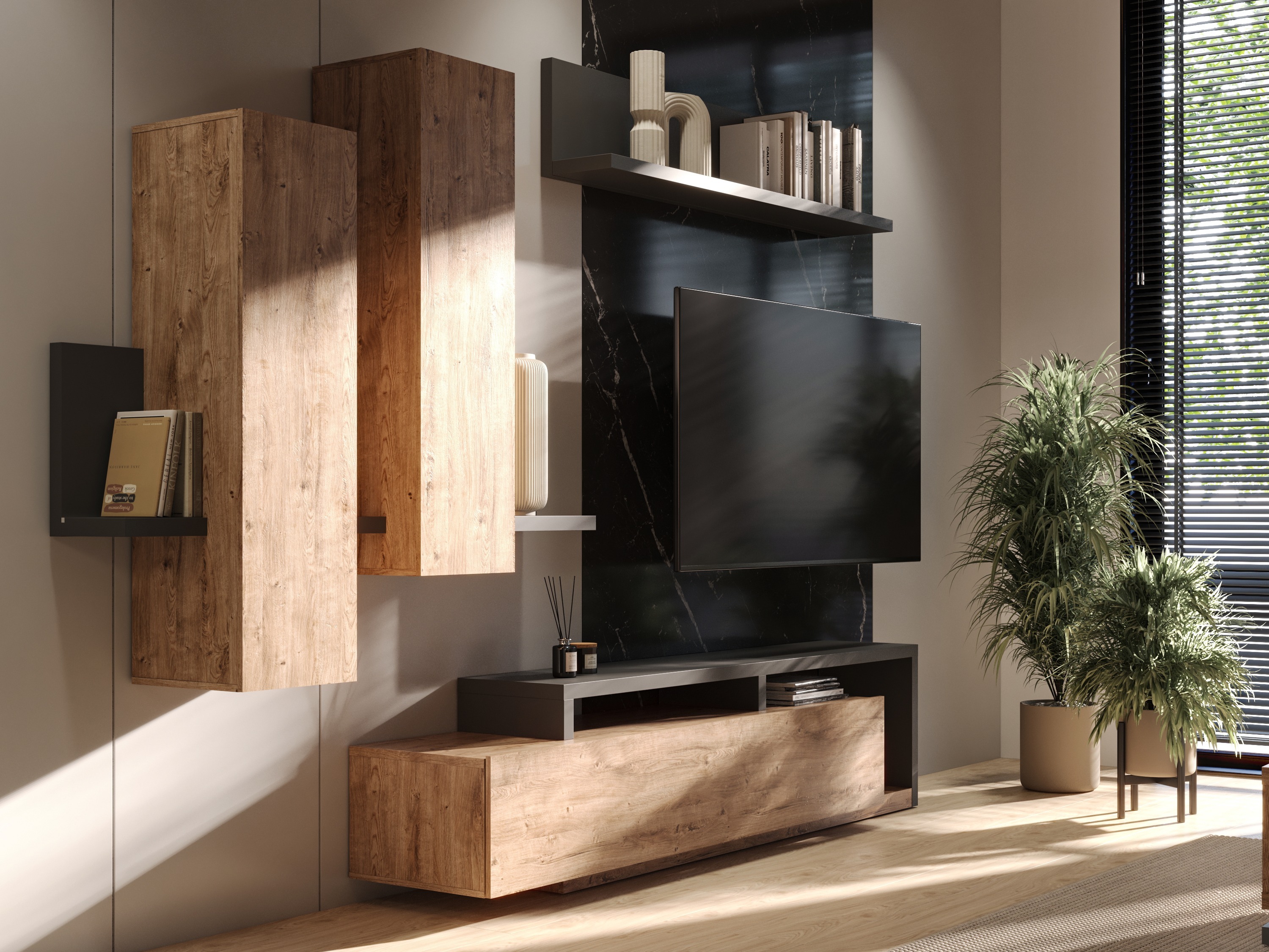Comodă TV Lutiva 103 (Antracit + Ribbec stejar)