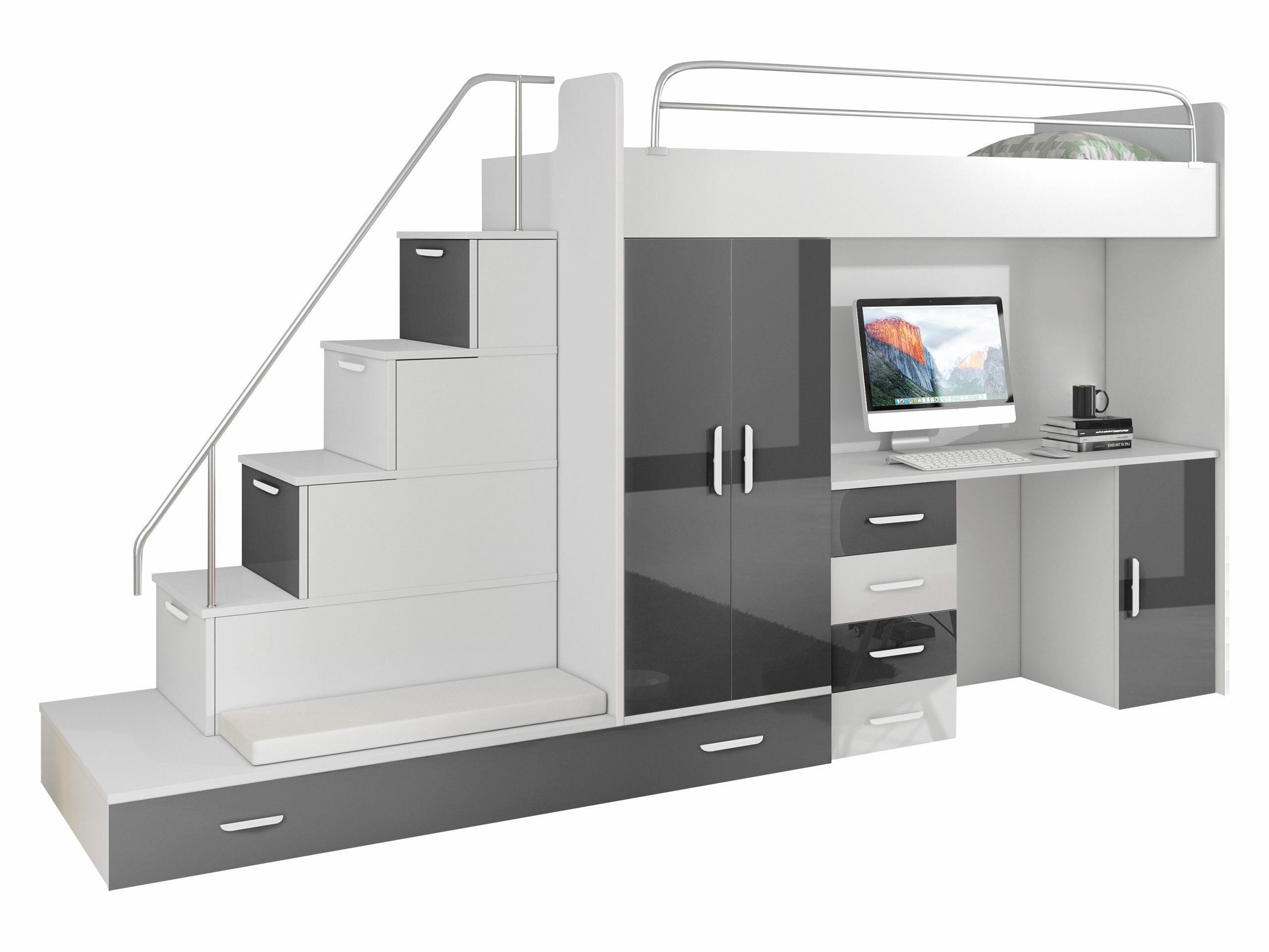 Set de camera copii Salmere 100 (Alb + Alb lucios + Gri lucios)