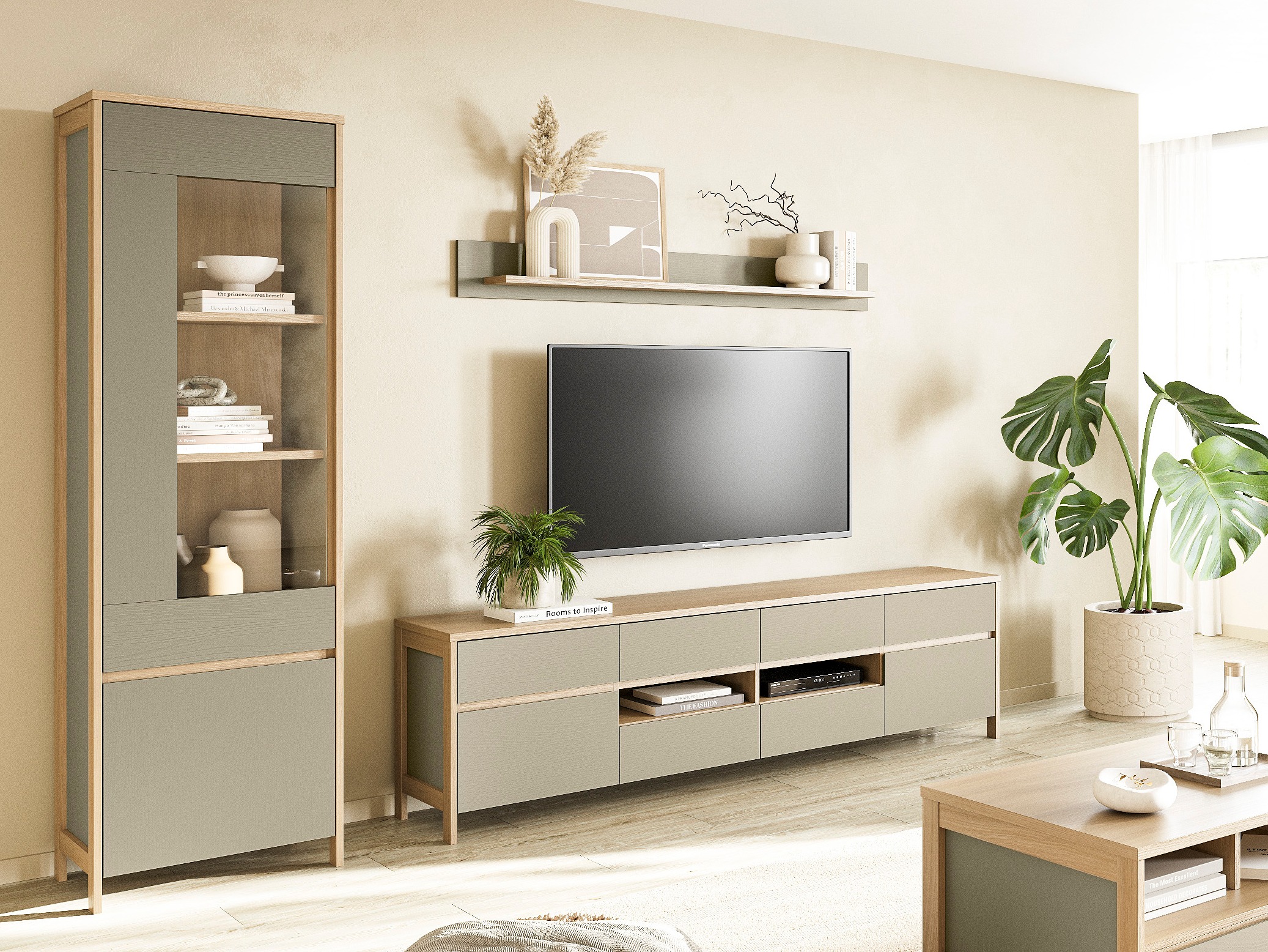 Set de living Fermaru 113 (Verde prăfuit + Stejar)