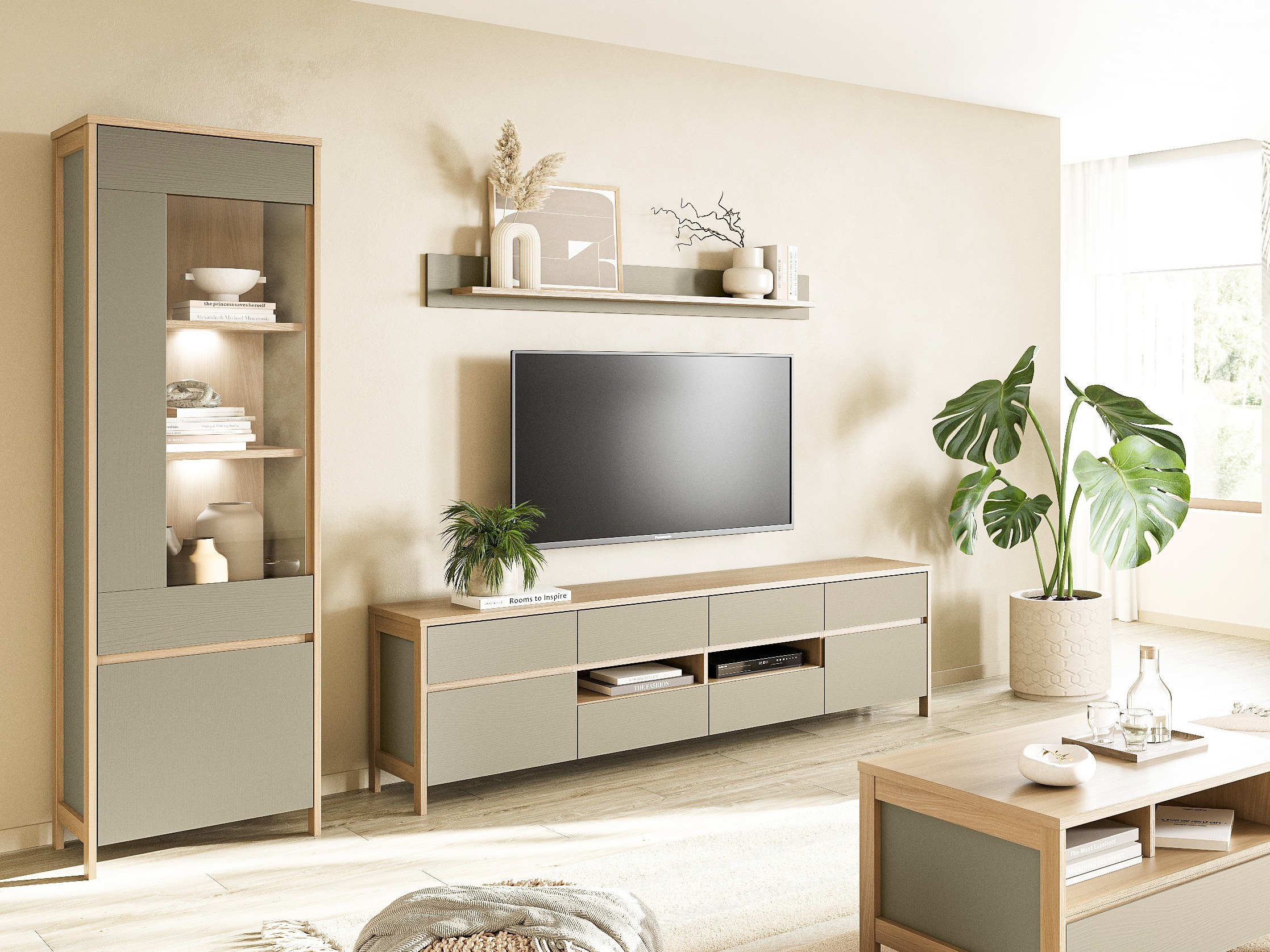 Set de living Fermaru 113 (Verde prăfuit + Stejar)