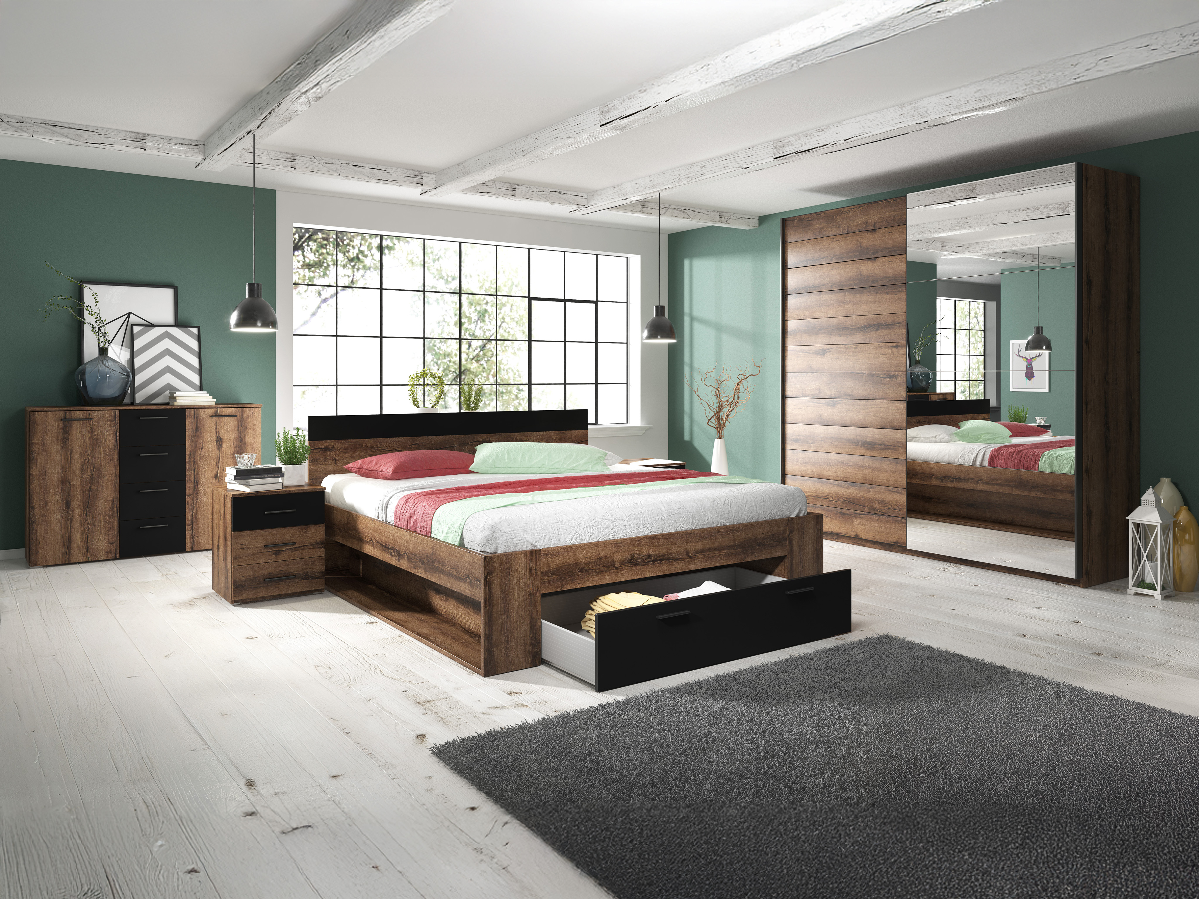 Comodă Melvele 101 (Stejar Monastery + Negru)