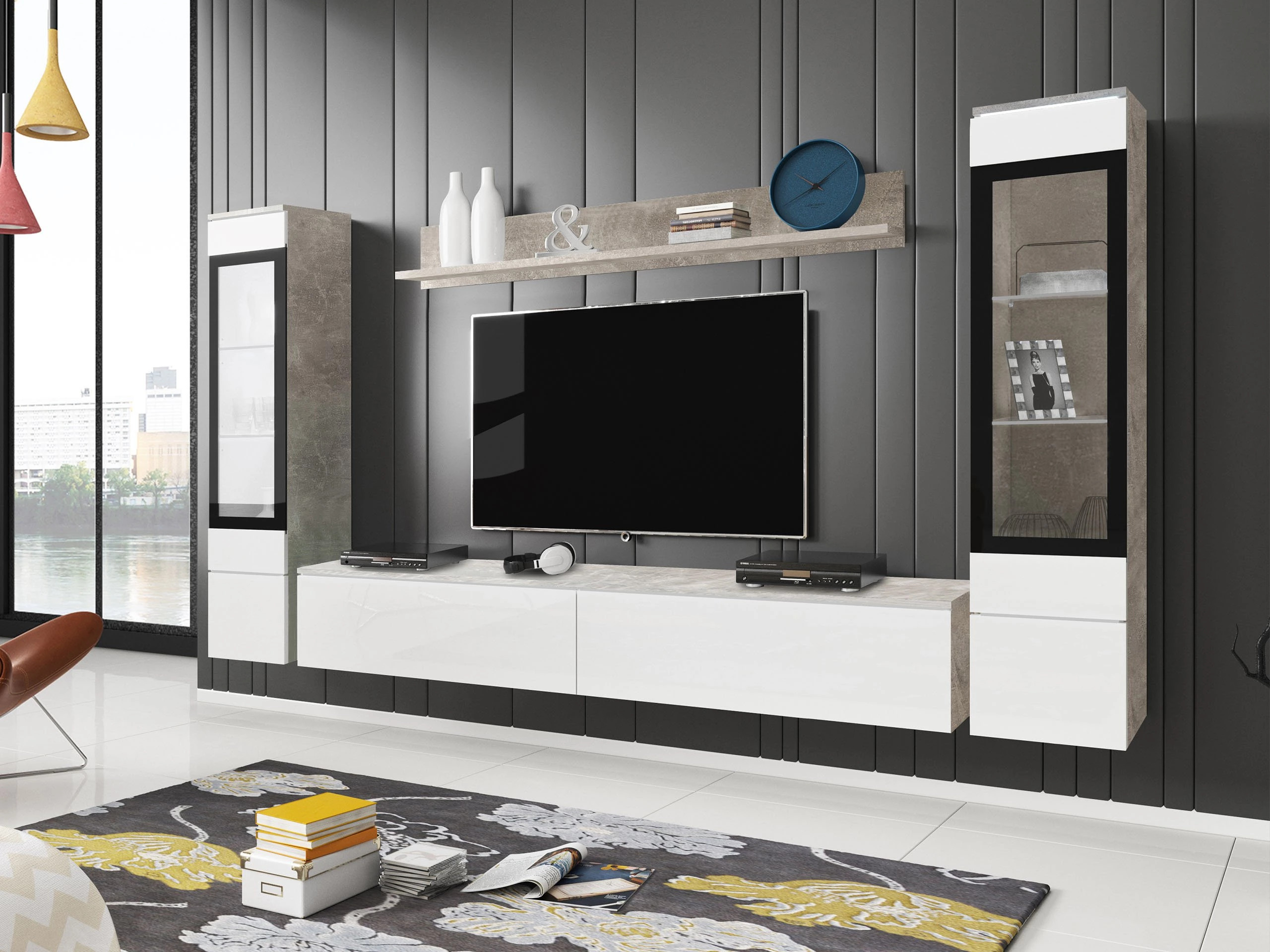 Set de living Mirfivo 101 (Beton + Alb lucios)