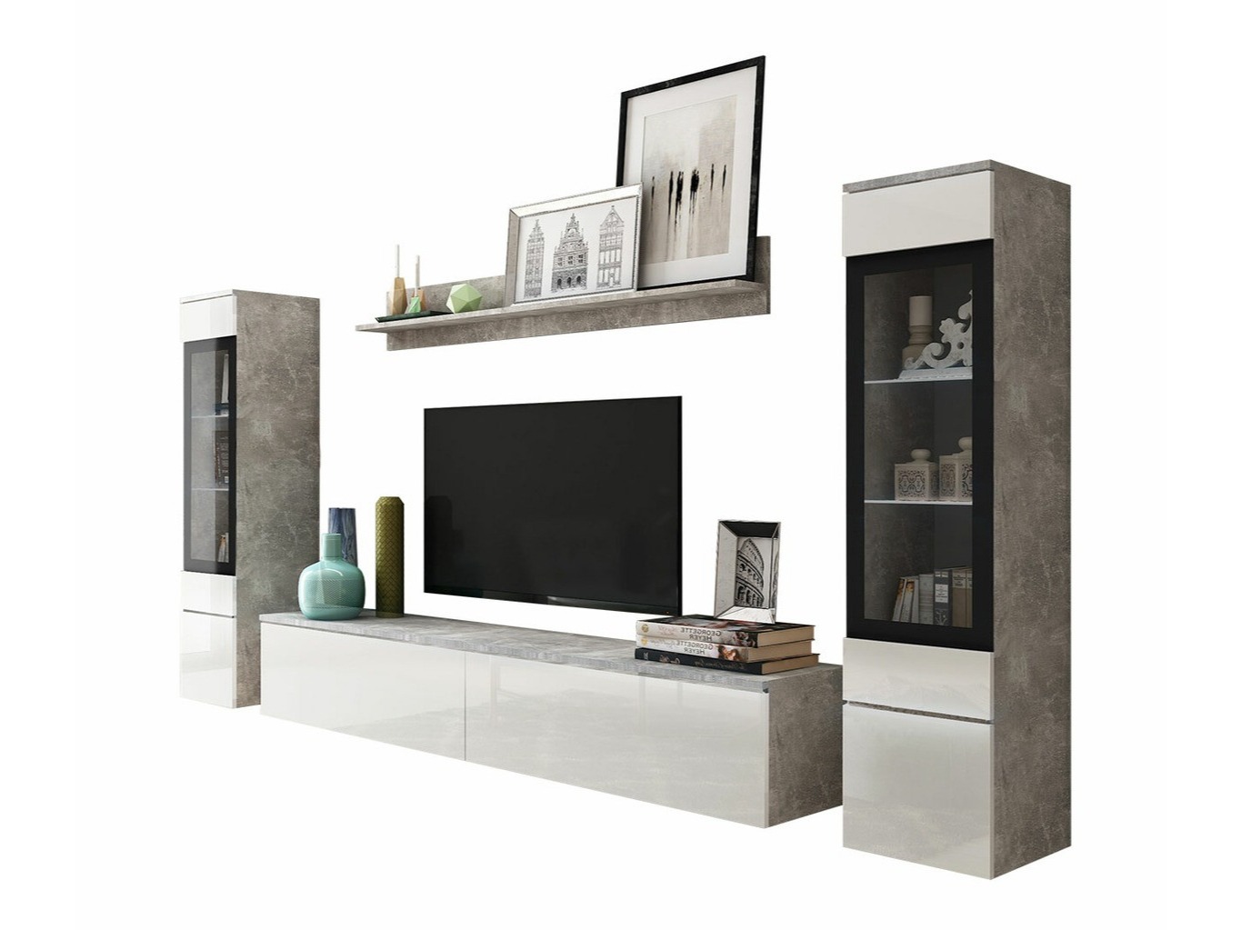 Set de living Mirfivo 101 (Beton + Alb lucios)