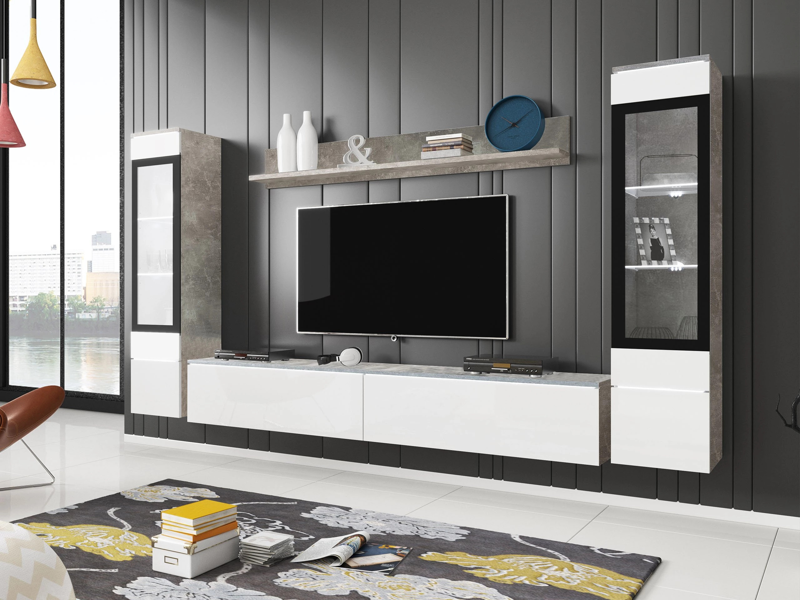Set de living Mirfivo 101 (Beton + Alb lucios)