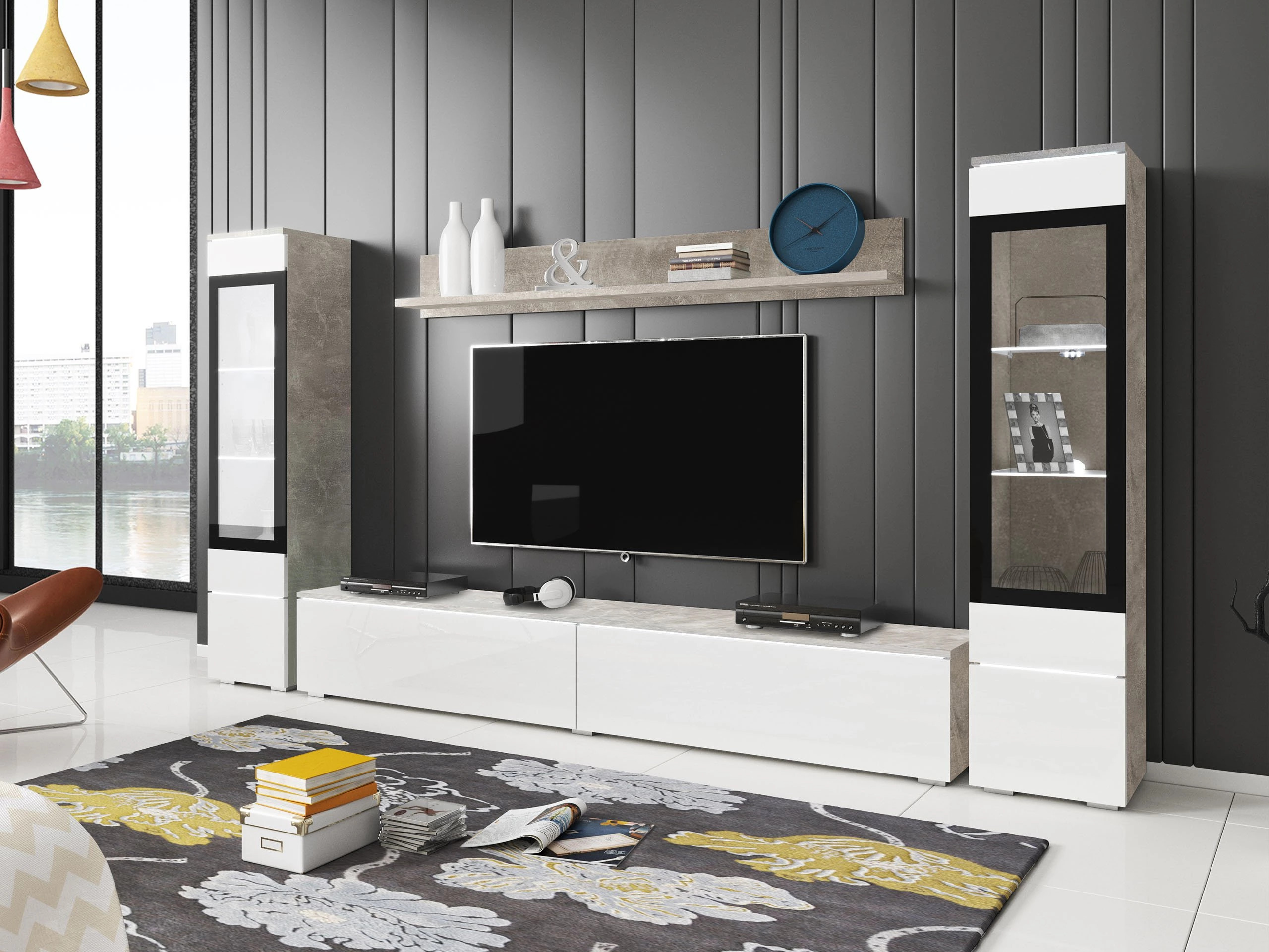 Set de living Mirfivo 101 (Beton + Alb lucios)
