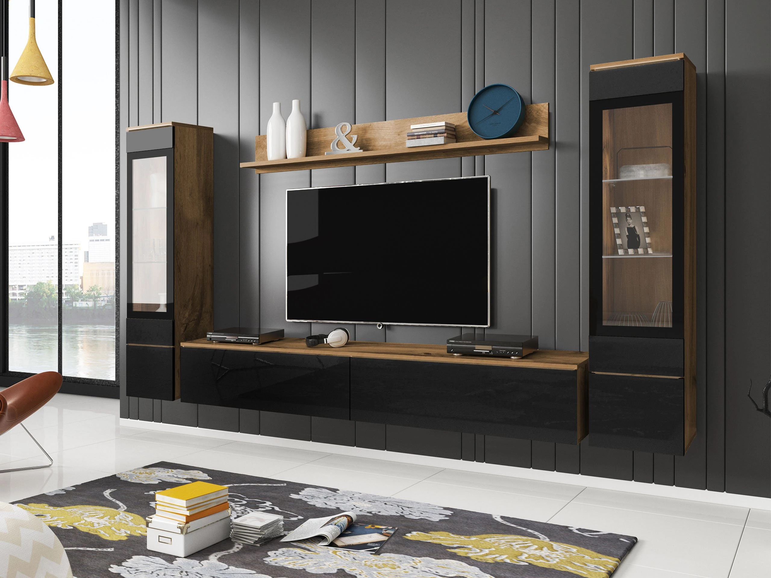 Set de living Mirfivo 101 (Stejar Wotan + Negru lucios)