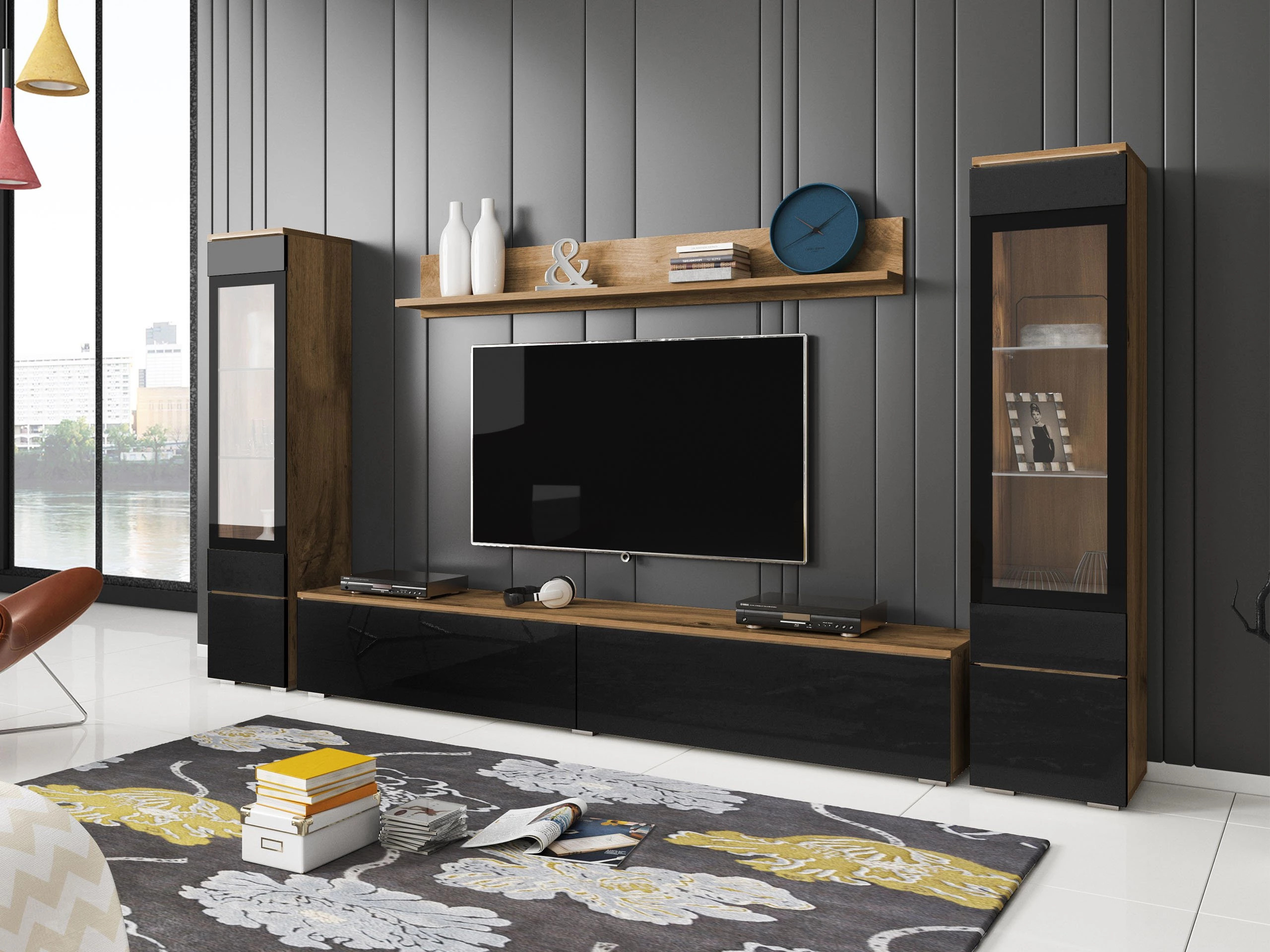 Set de living Mirfivo 101 (Stejar Wotan + Negru lucios)
