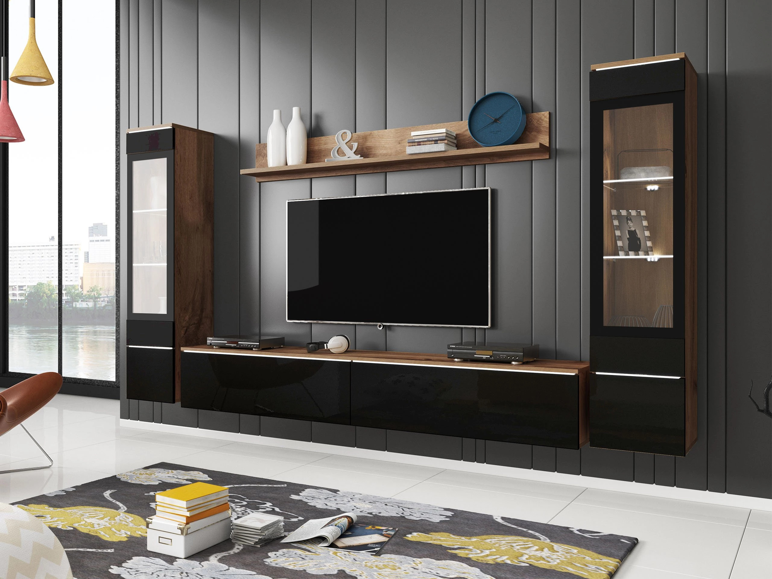 Set de living Mirfivo 101 (Stejar Wotan + Negru lucios)
