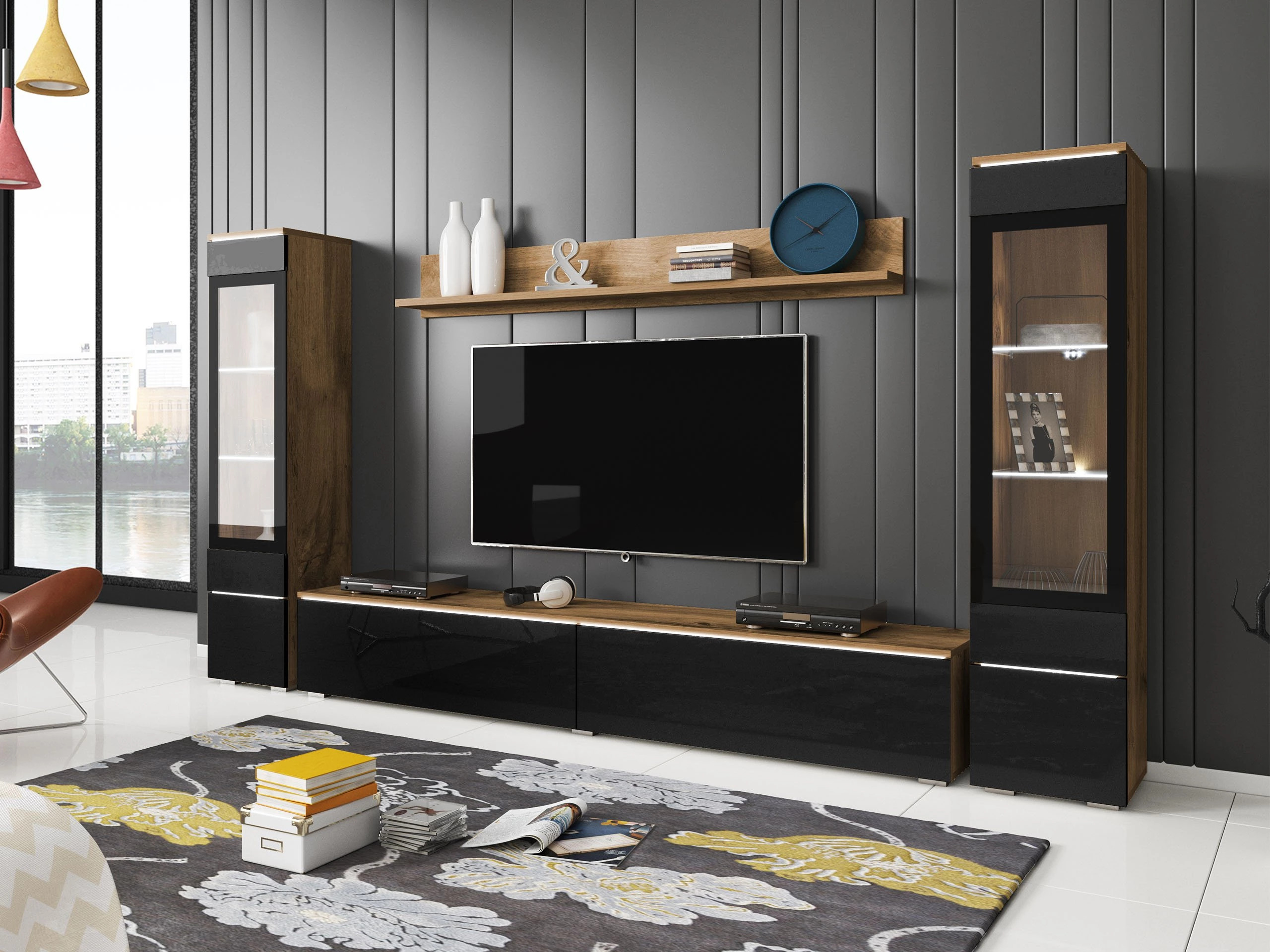 Set de living Mirfivo 101 (Stejar Wotan + Negru lucios)
