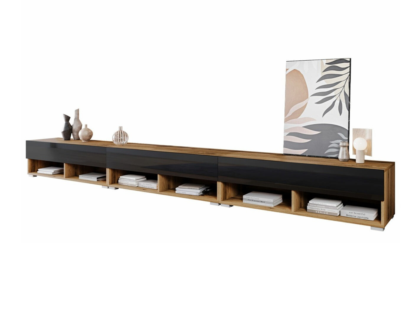 Comodă TV Sarasota 144 (Stejar Wotan + Negru lucios)