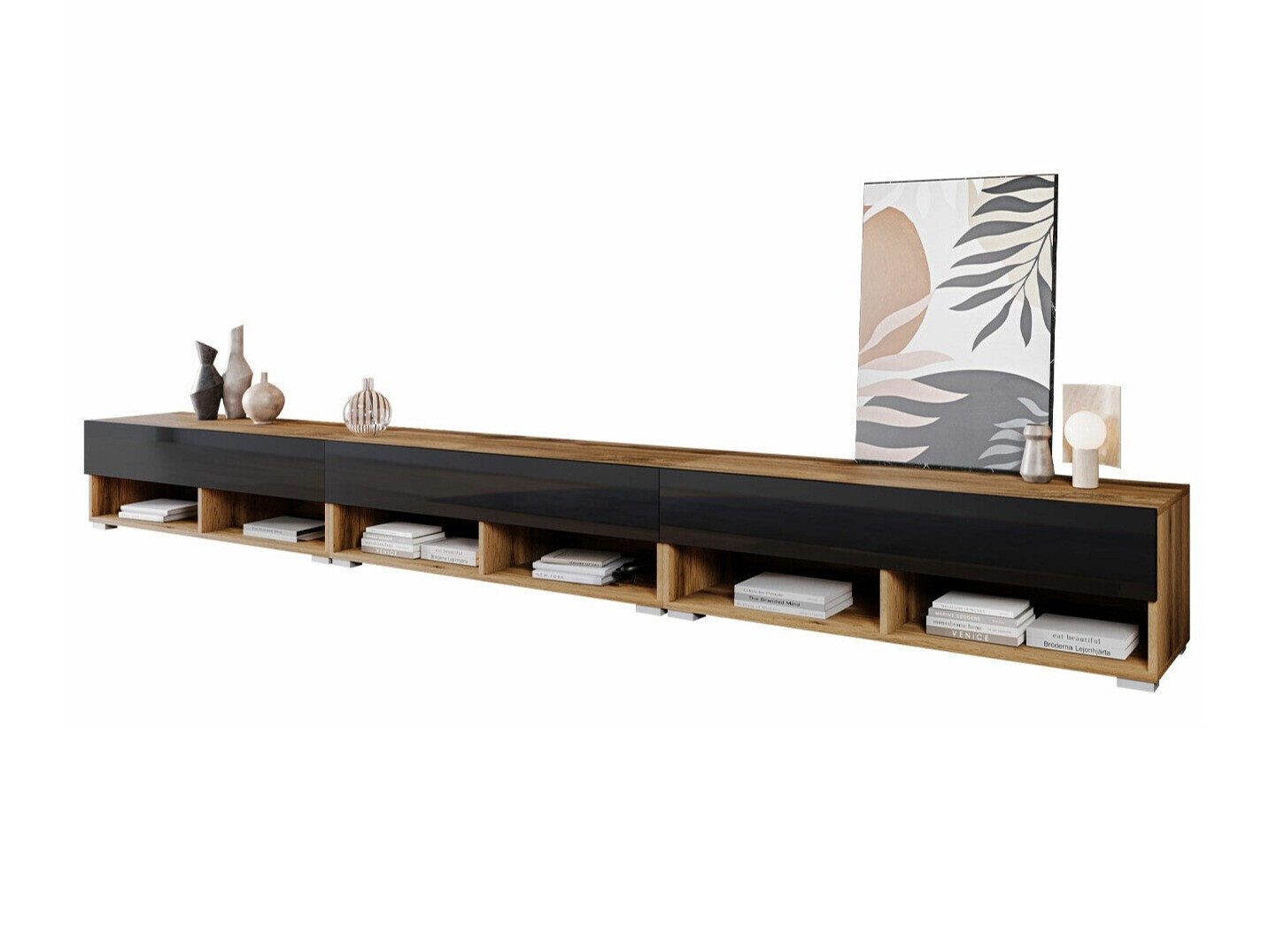 Comodă TV Sarasota 144 (Stejar Wotan + Negru lucios)