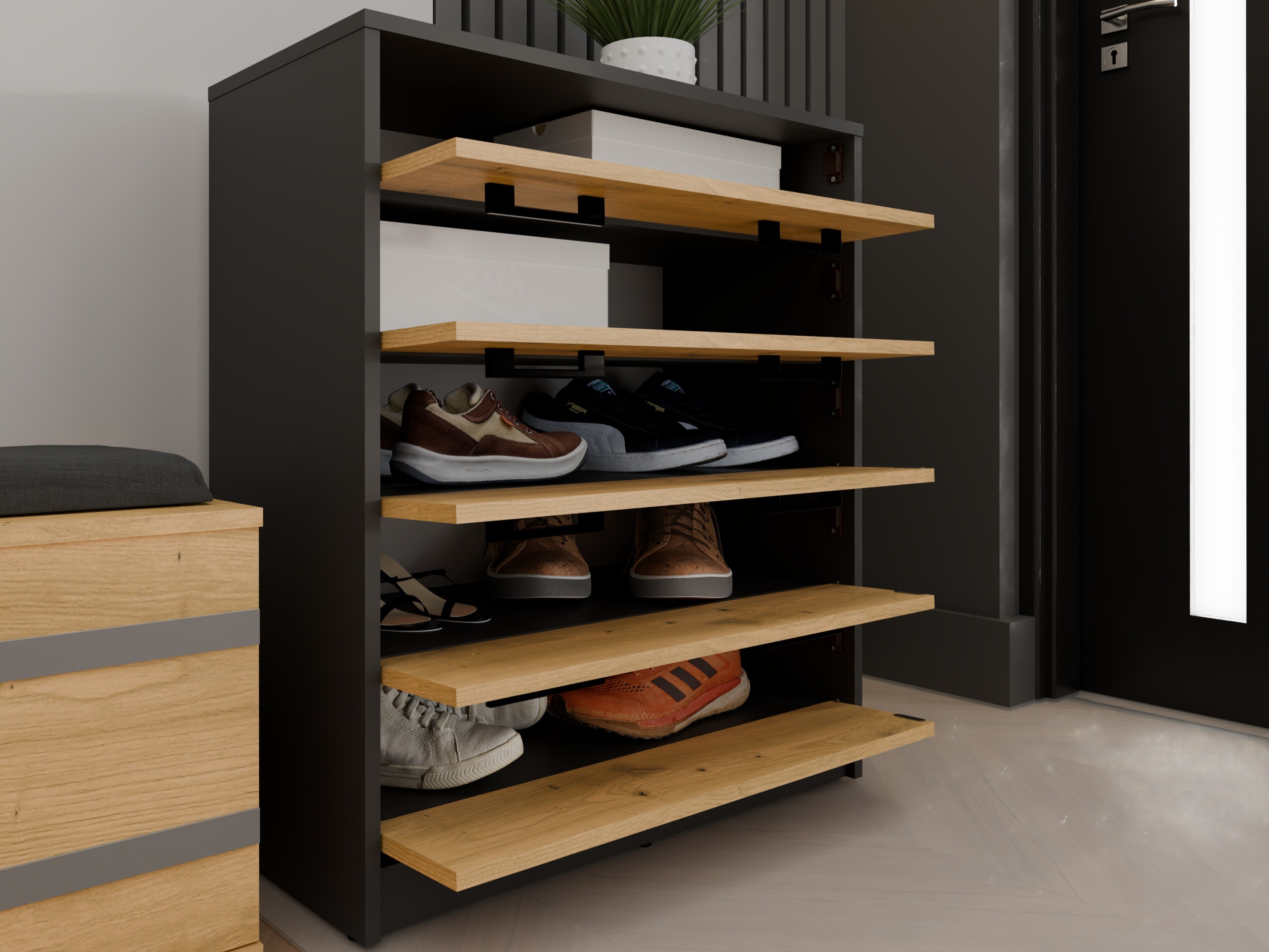 Dulap pantofi Mandeville 372 (Stejar artizan + Antracit)